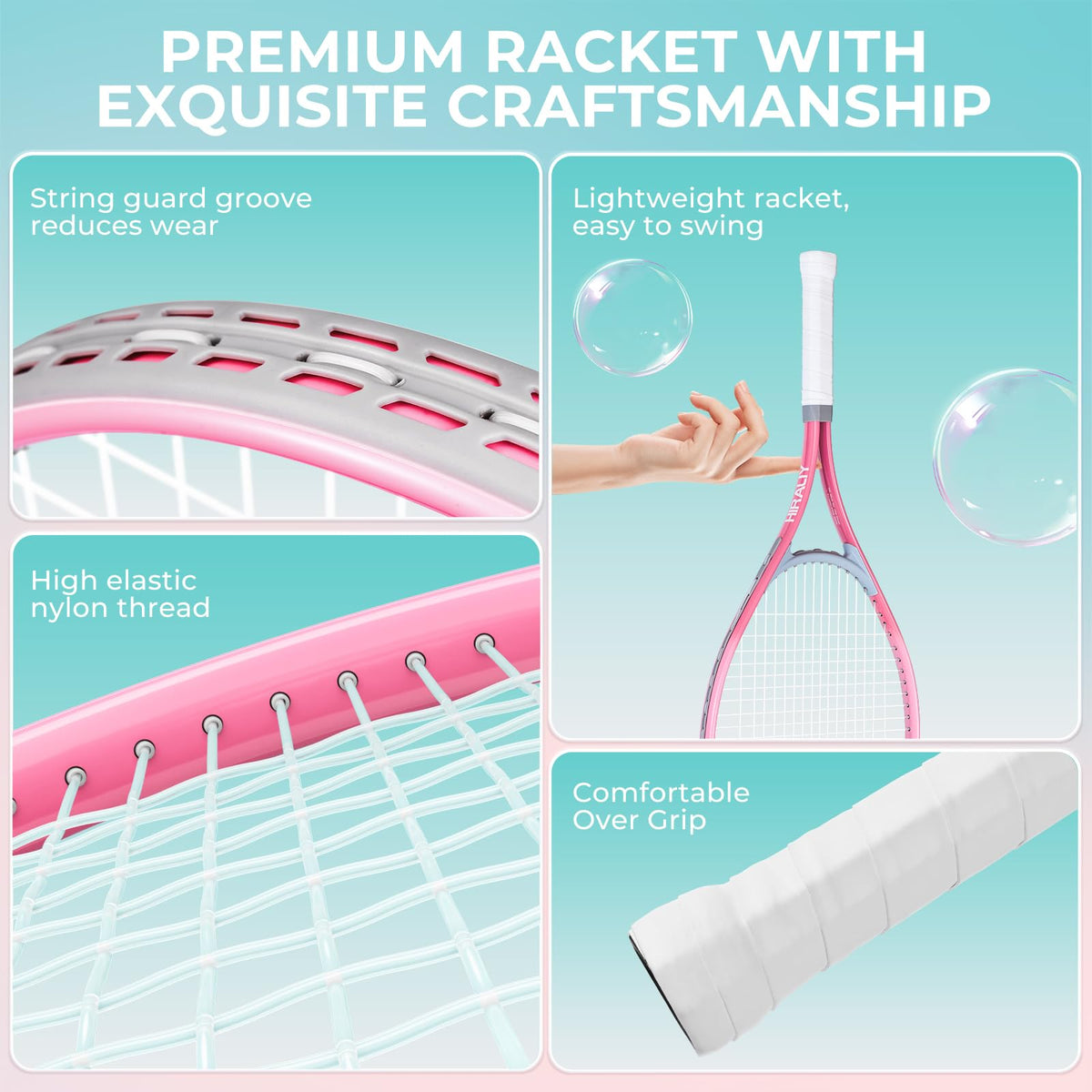 HIRALIY 27" Tennis Rackets Set of 2, 3 Tennis Balls, 2 Racquets, 2 Overgrip Tapes and 1 Carrying Bag Outdoor Recreational Sport Game (Pink/Green)