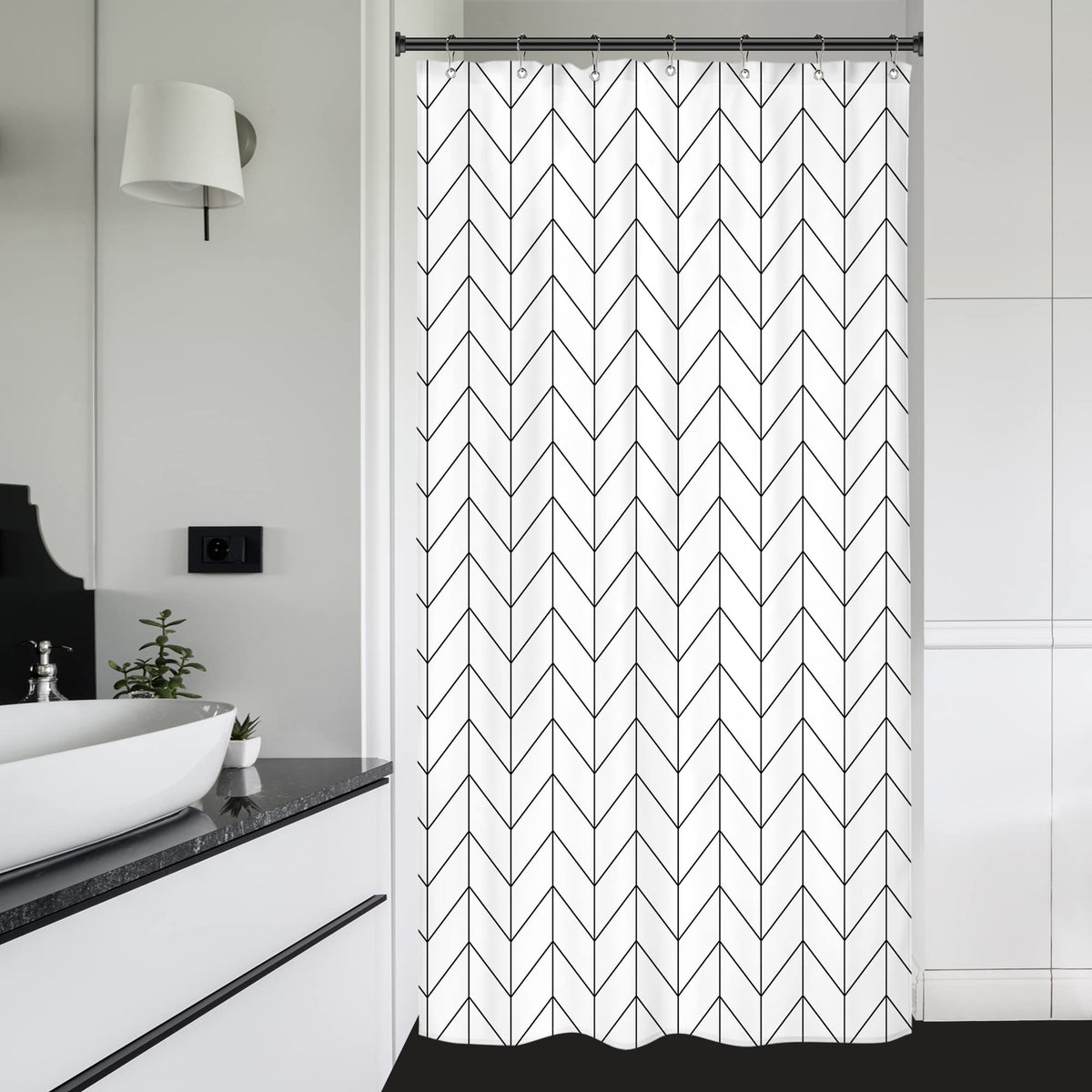 Riyidecor Small Stall 36Wx72H Inch Shower Curtain,Narrow RV Walkin Black White Herringbone Modern Bathroom Curtains,Half Stand Up Zig Zag Chevron
