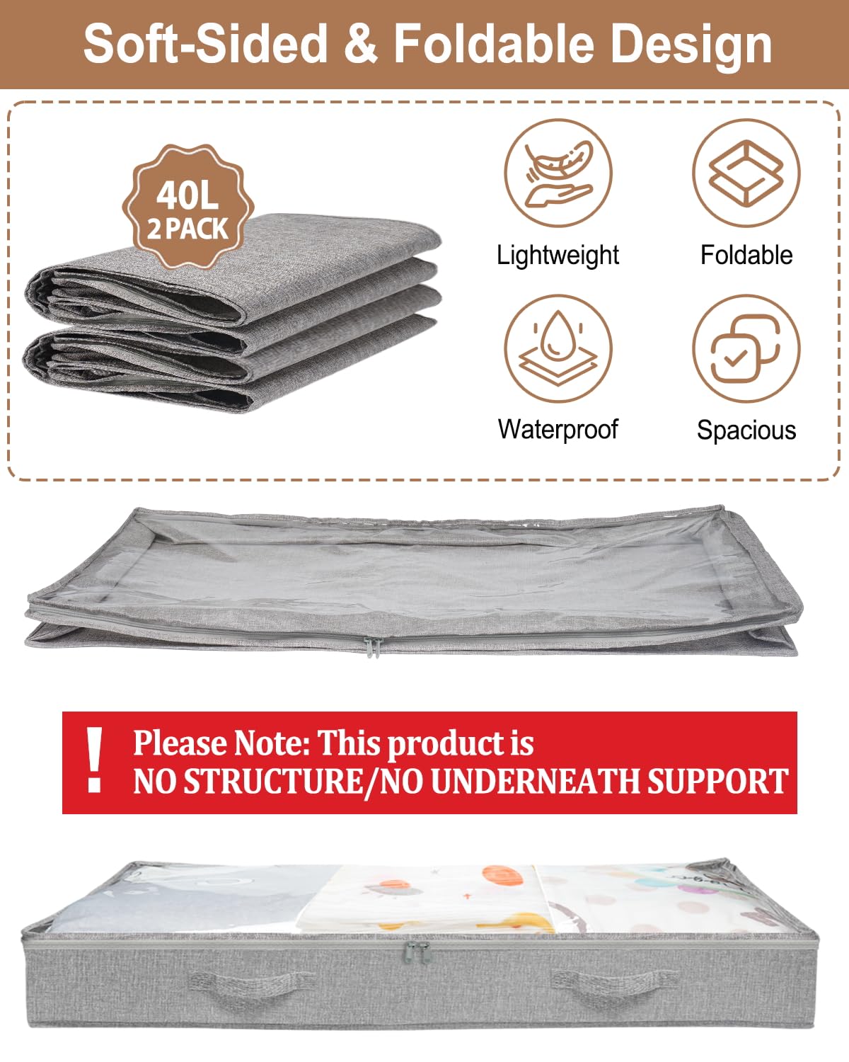 mepure Under Bed Storage, 10cm High Low Profile, 100×50×10cm, 2-Pack, grey