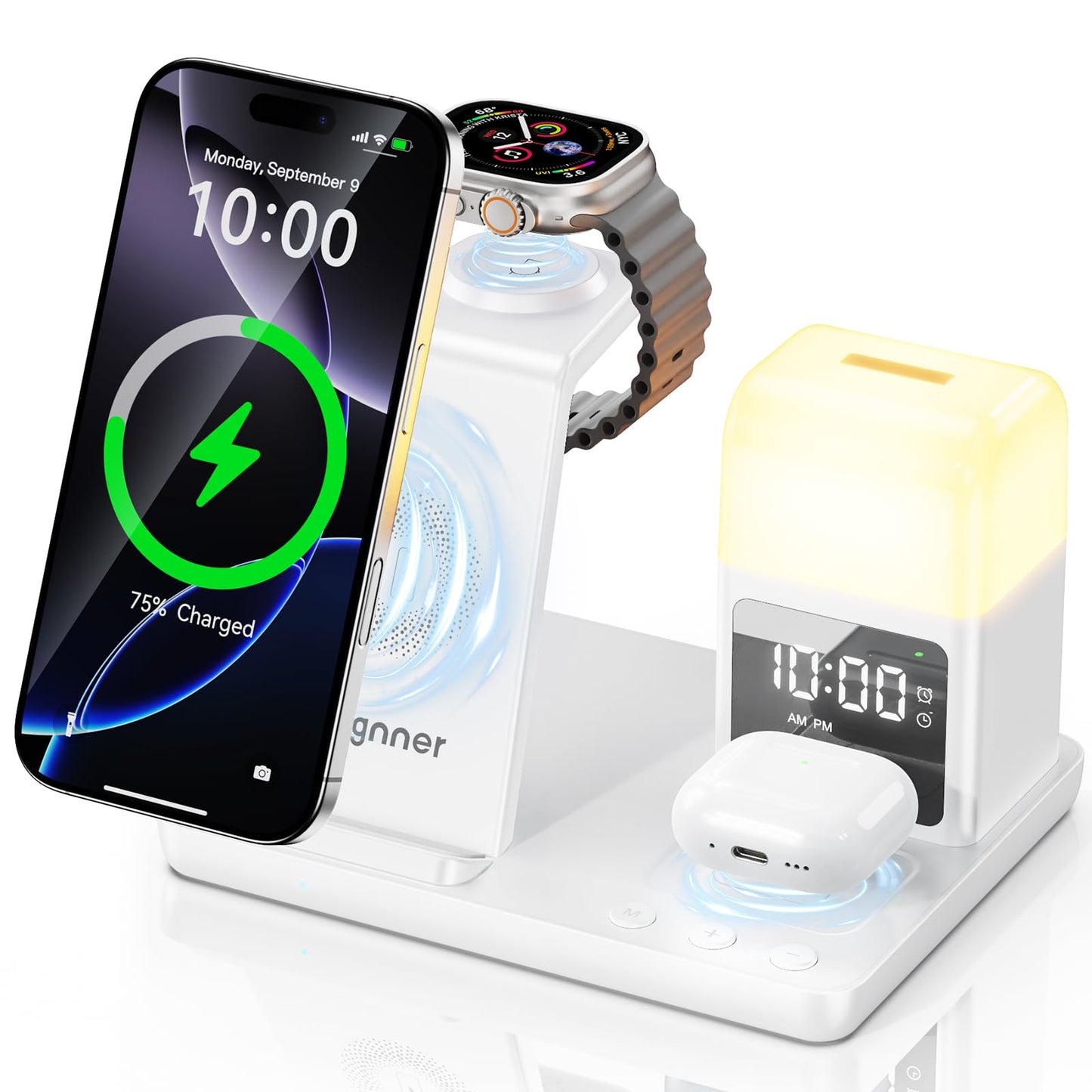 Augnner 6 in 1 Wireless Charging Station for iPhone with Alarm Clock & 3-Color Light, 15W Fast Charger for iPhone 17/16/15/14/13/12 Series, Compatible
