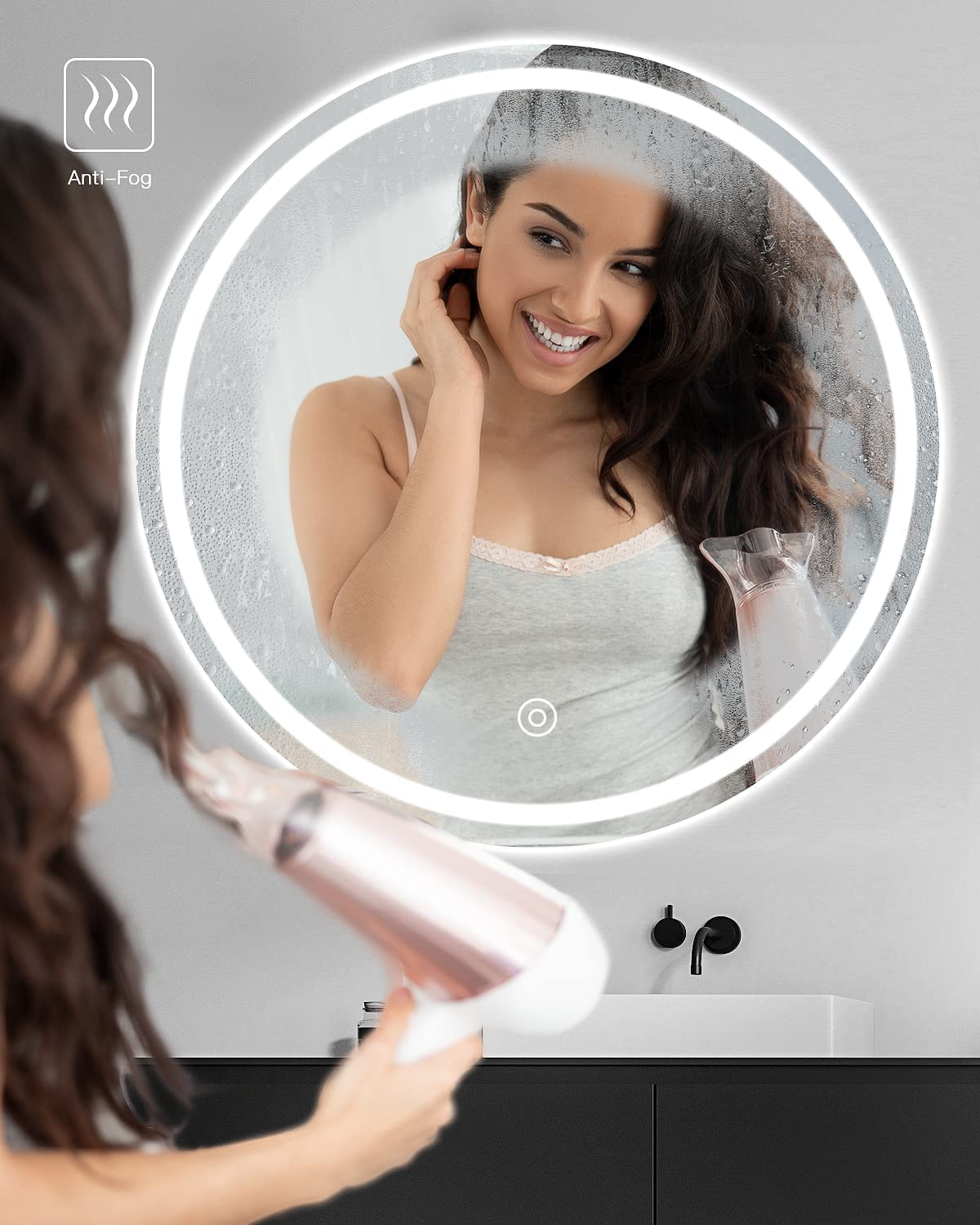 Dripex 500 mm Round LED Bathroom Mirror, Wall Mounted Circle Makeup Mirror with Cold White Light, Anti-Fog, IP44, Backlit + Front Light