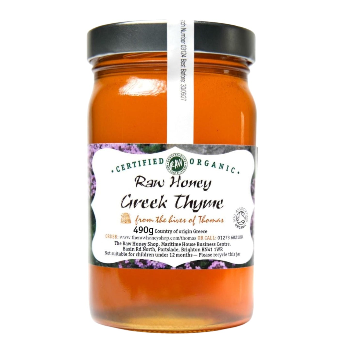 Thomas? Certified Organic Raw Greek Wild THYME HONEY, 490g - Antibacterial, Pure Wilderness HONEY, Unpasteurised, Single Origin - The Raw Honey Shop