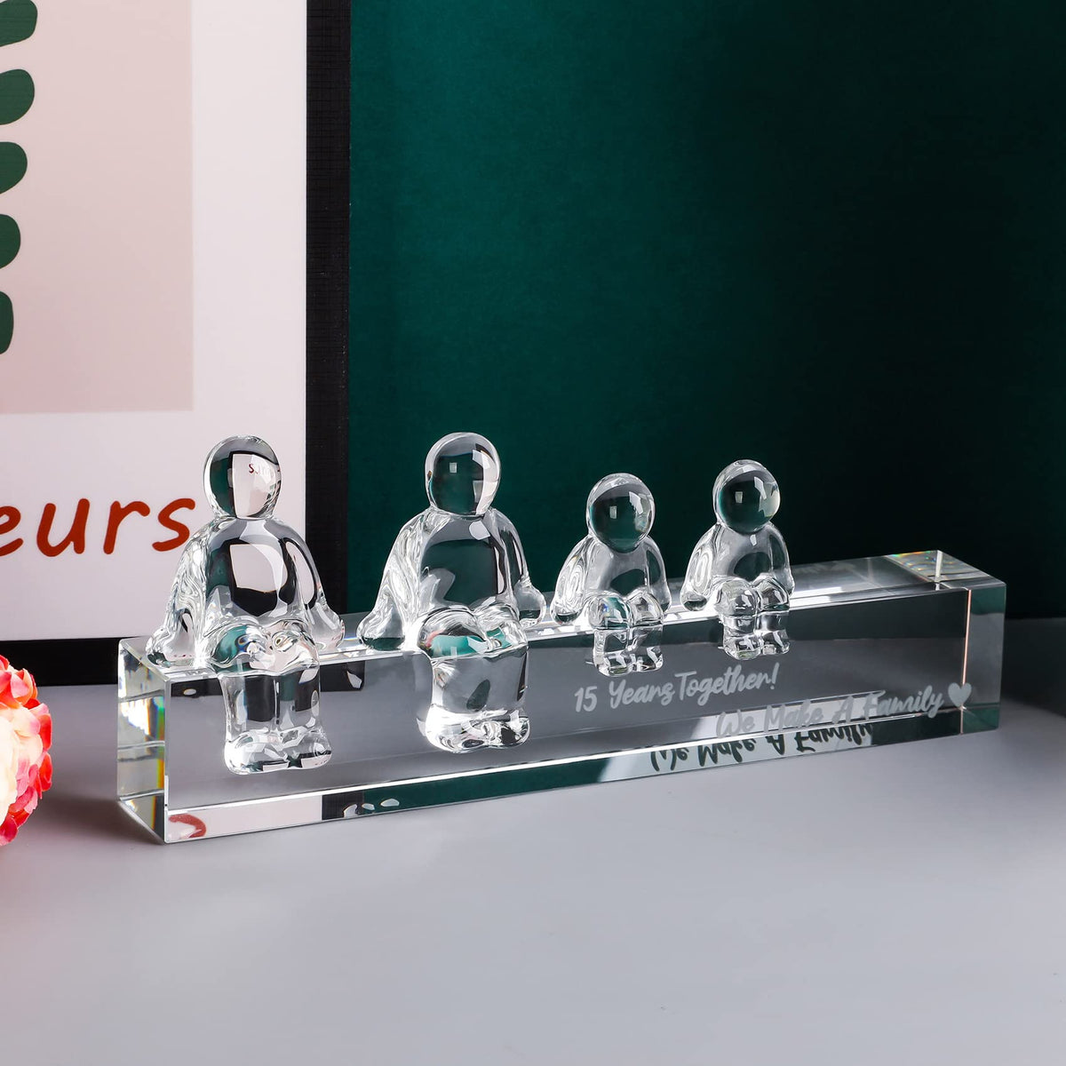 Movdyka Crystal 15th Wedding Gifts on Anniversary for Her, 15 Years Together We Made A Family Glass Ornament for Wife (2 Children)