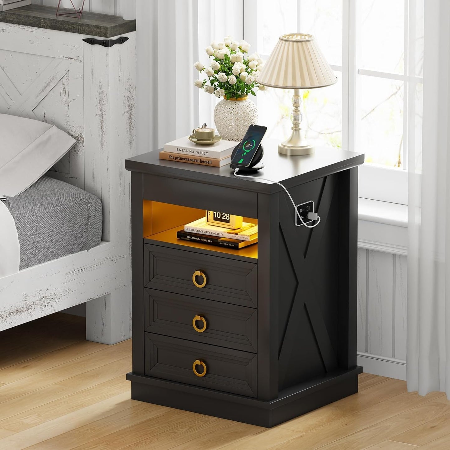 Lvifur Bedside Table - with Hidden Drawer,LED Nightstand with Charging Sation,Smart Night Stand with 3 Color Lights,End Table with Glass Desktop,3