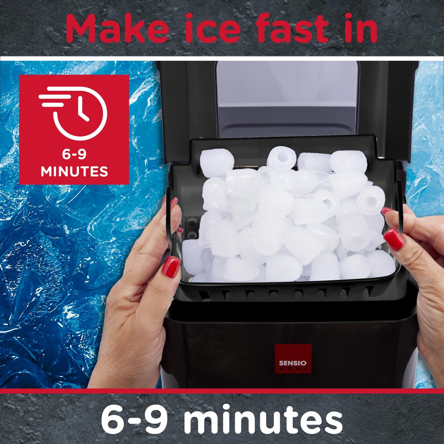 Sensio Home Ice Cube Maker Countertop Machine 9 Ice Cubes in Minutes, 12KG of Ice in 24 Hours, Large & Small Ice, Self Cleaning, With Ice Basket &