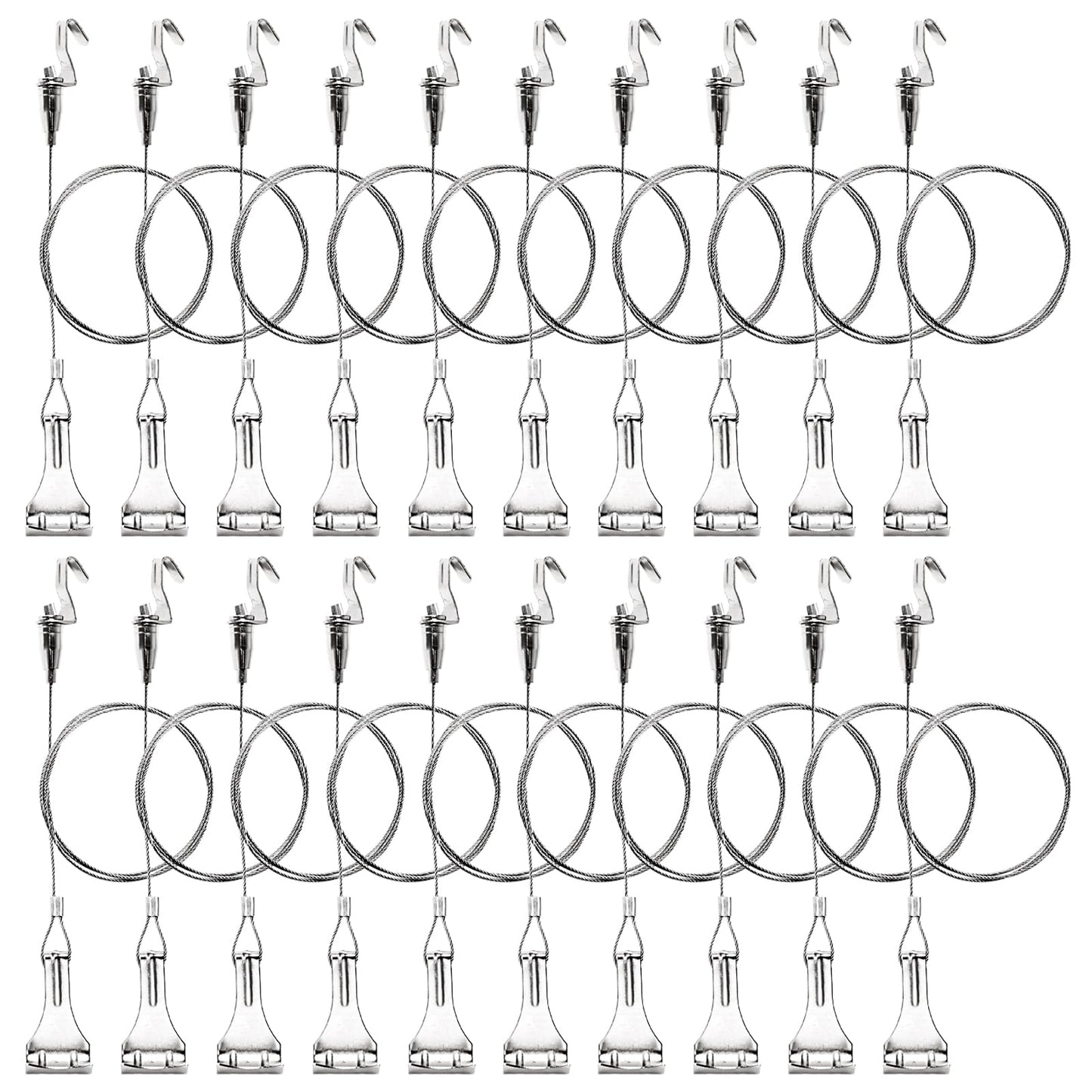 Okllen 20 Pack Picture Rail Hooks and Wire, Picture Rail Hanging System, 3ft Length Picture Hanging Wire with Loop & Adjustable Wire Hooks Kit, Silver