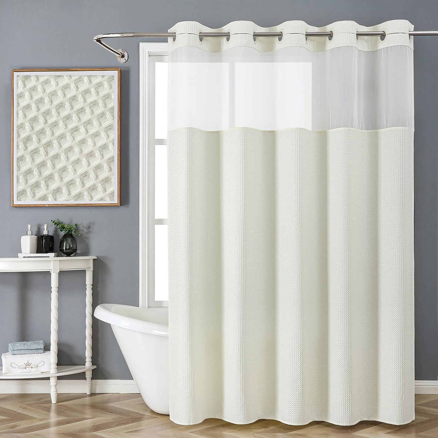 FY&XZH No Hook Waffle Weave Shower Curtain with Mesh Top Window, Shower Curtain with Laminated Waterproof Backing for Bathroom, Machine Washable,