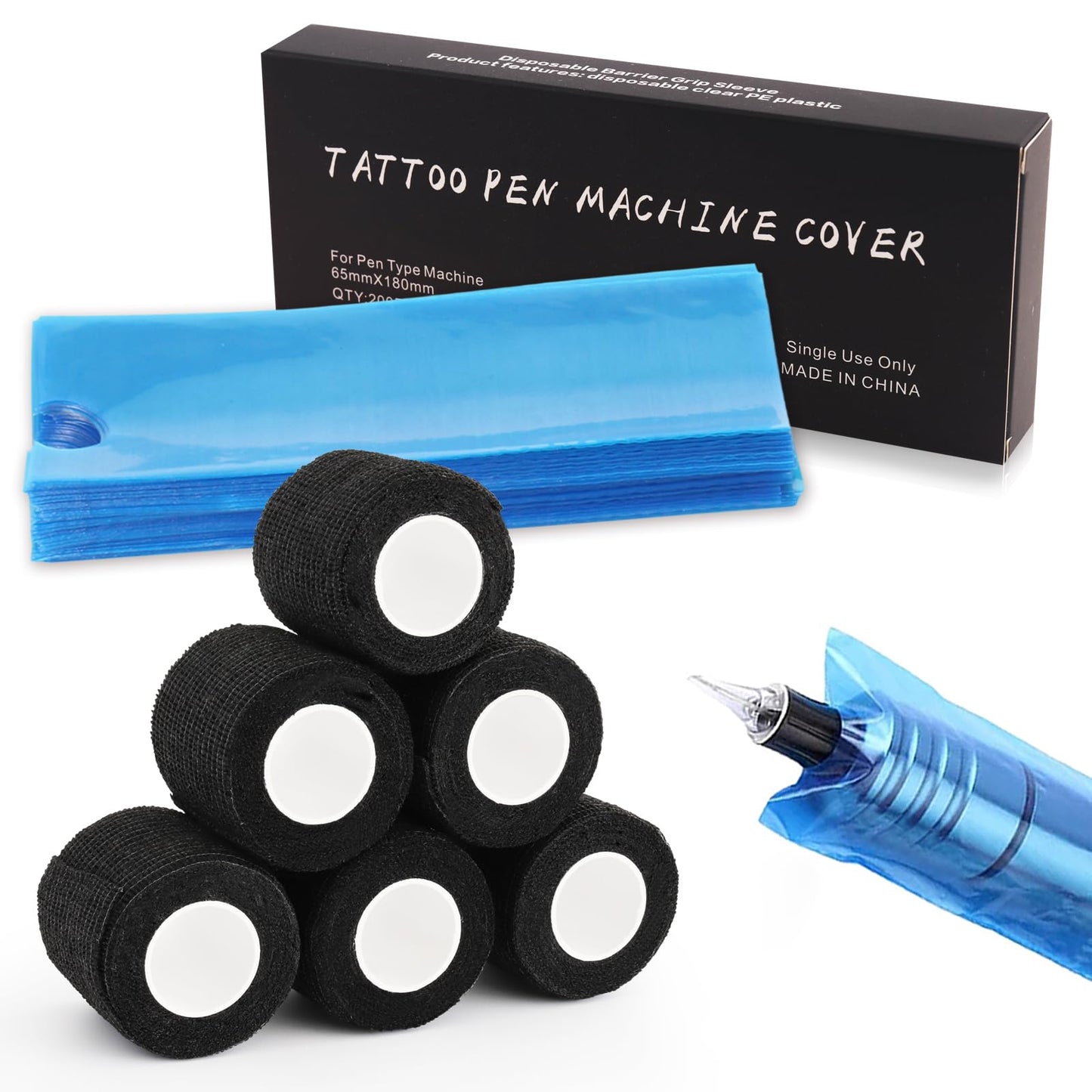 Rayyl Grip Tape and Pen Bags - 6 Rolls Grip Tape and 200 Pieces Pen Covers for Tattoo Machine Supplies Kit