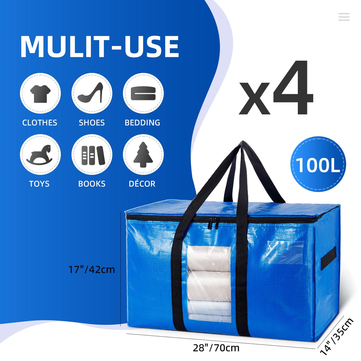 TAILI Moving Bags Extra Large Storage Bags 4 Pack, Clear Window & Reinforced Handles,Heavy Duty Storage Bags with Zips for