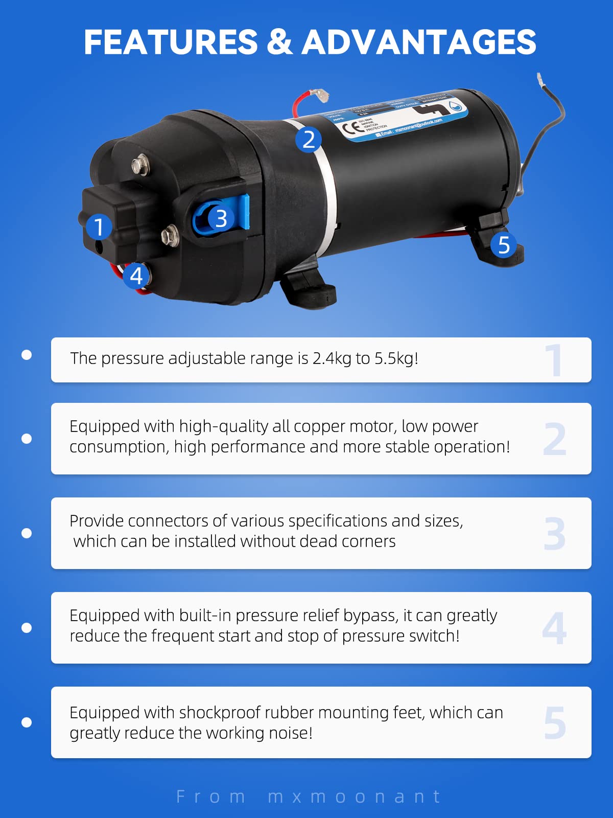 Mxmoonant 12V DC Automatic Water Pump, Booster Pump, 40 Psi, 2.8 Bar, 130W, 17 Lpm/min, Self Priming, Overload Protection, Low Noise, for Caravan,