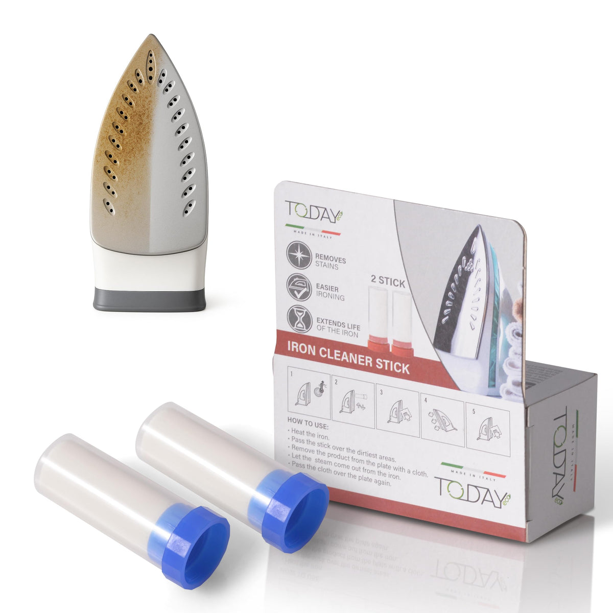 Today - 2x Iron Cleaner Sticks, Universal Soleplate Cleaning Stick for All Irons ? Removes Starch, Fibres & Burnt Deposits, Protects Fabrics ? Made in