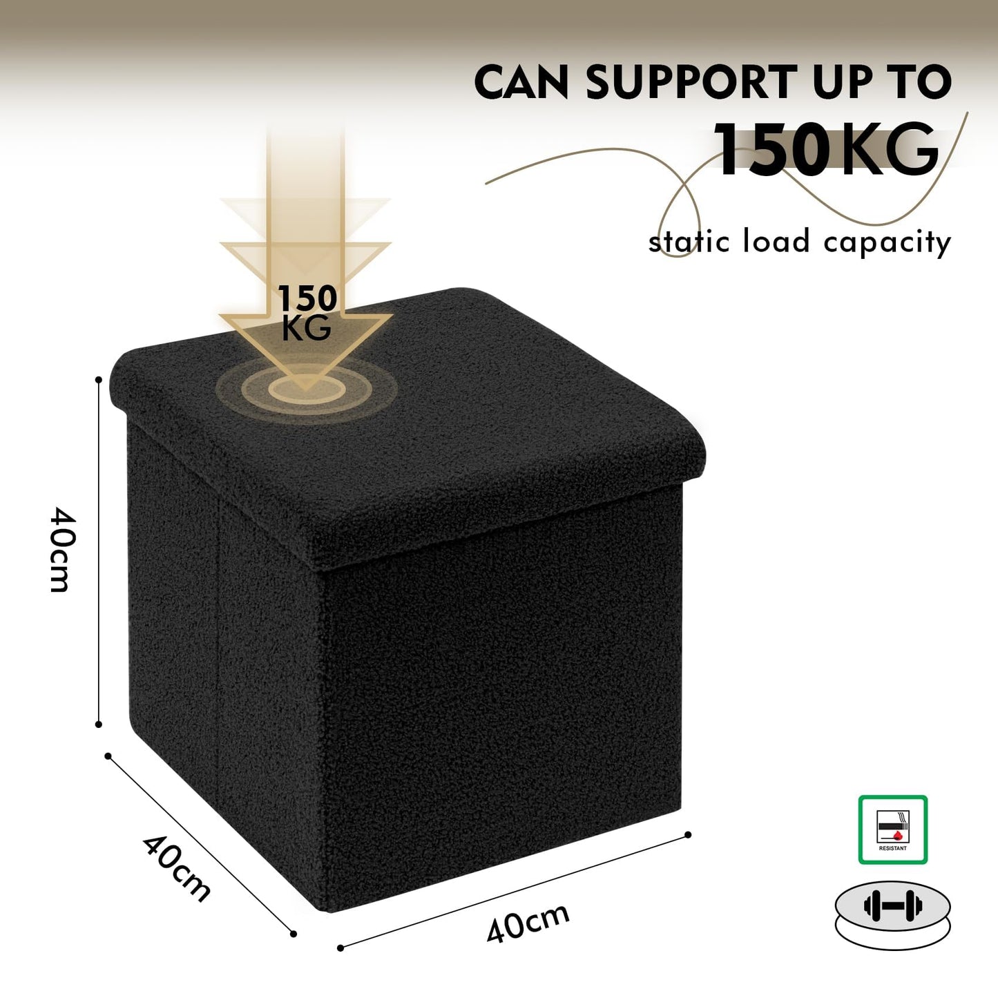 Bonlife Boucle Ottoman Storage,Foot Rest Stool Seat,Folding Footstool for Living Room,Sherpa Ottoman for Bedroom,Black,40x40x40cm