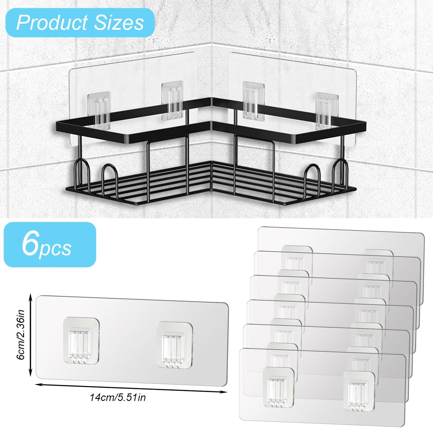 SUBTAVIK 6 Pcs Shower Caddy Adhesive Hooks Replacement, 6X14cm Transparent Sticky Hooks for Bathroom Kitchen (for Metal Strip Shower Caddy)