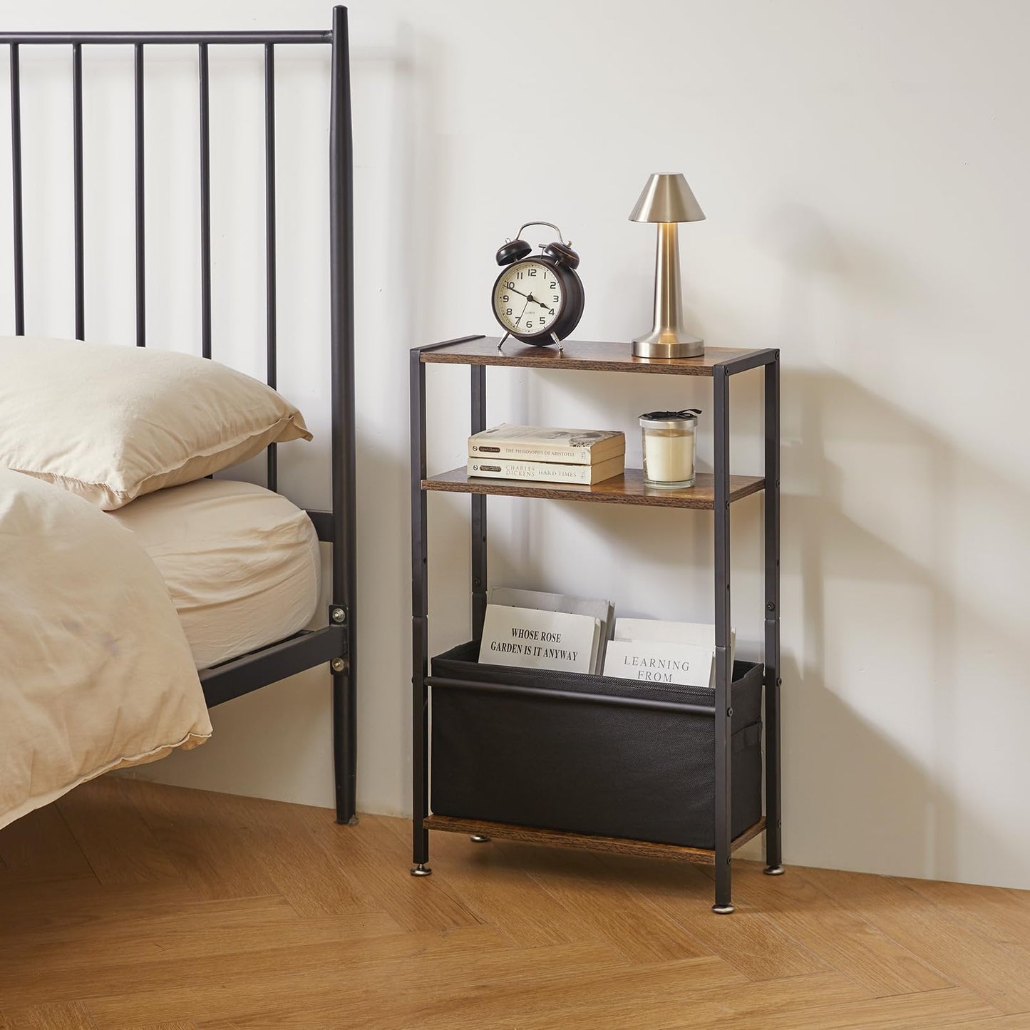Aibiju Side Table,3-Tier Small Narrow Side Table with Storage Shelf,Slim End Tables with Fabric Basket for Narrow and Small Spaces,Rustic