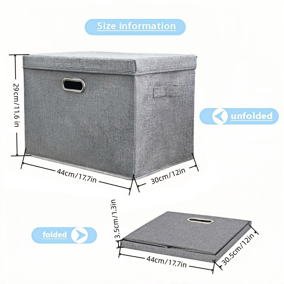 TempFoo Storage Boxes with Lids Fabric, 38 L Collapsible Grey Large