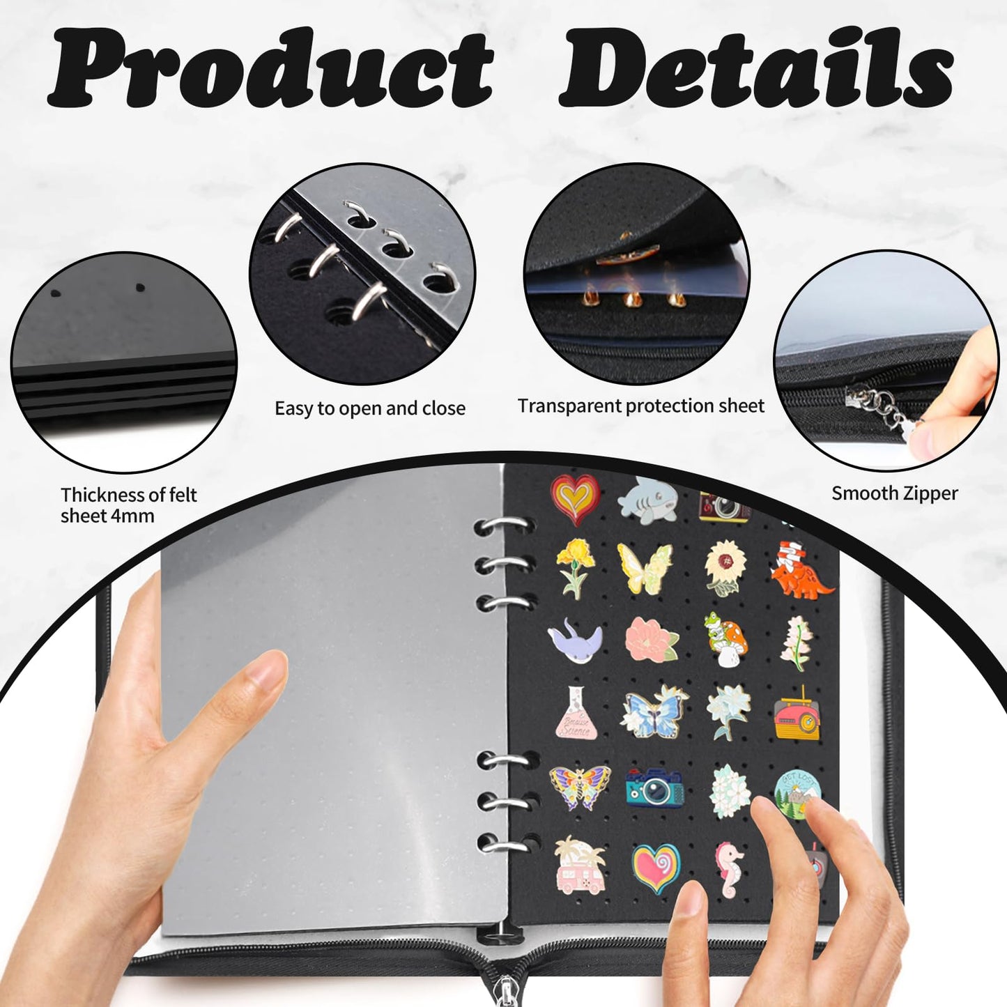 Huakaile 8.26" x 5.91" Black Enamel Pin Display Book, Pin Trading Binder Album with 6 Page Felt Boards, 6 Clear Dividers & Protective Cover