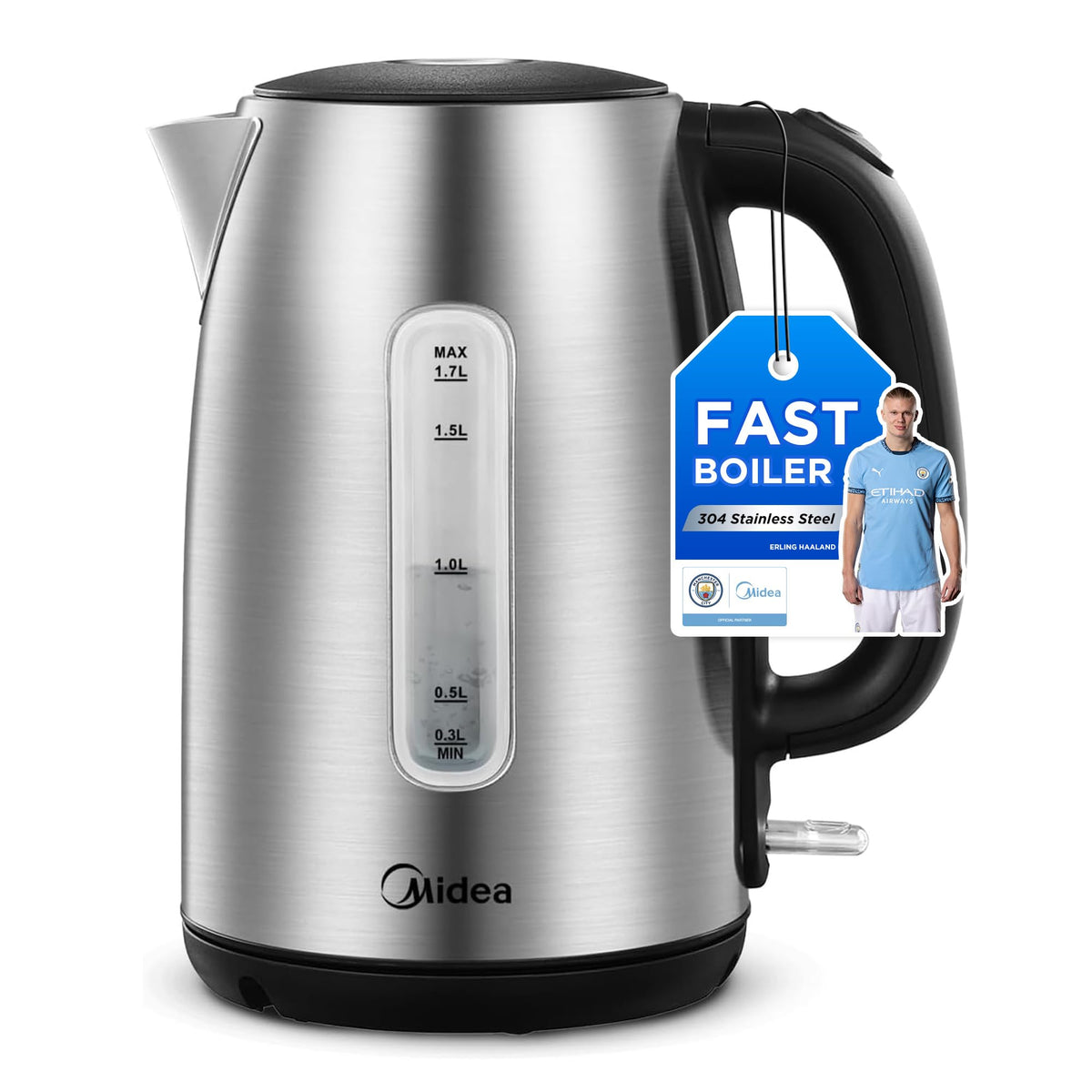 Midea Electric Kettle 3000W Fast Boil 1.7L Stainless Steel Kettle LED Indicator,Spring Lid,Removable Filter,Insulated Handle with Water Level
