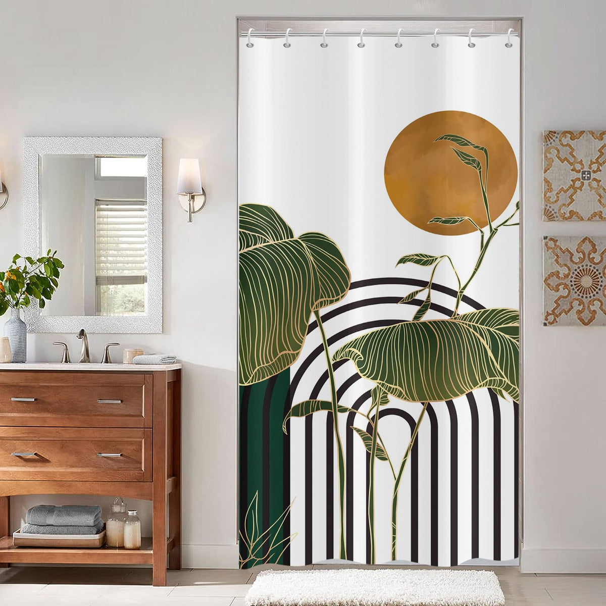 ASDCXZ Boho Shower Curtain 120x180 cm, Modern Abstract Art Sun Green Leaves Bathroom Washable Narrow Shower Curtains with eyelets Polyester Textile