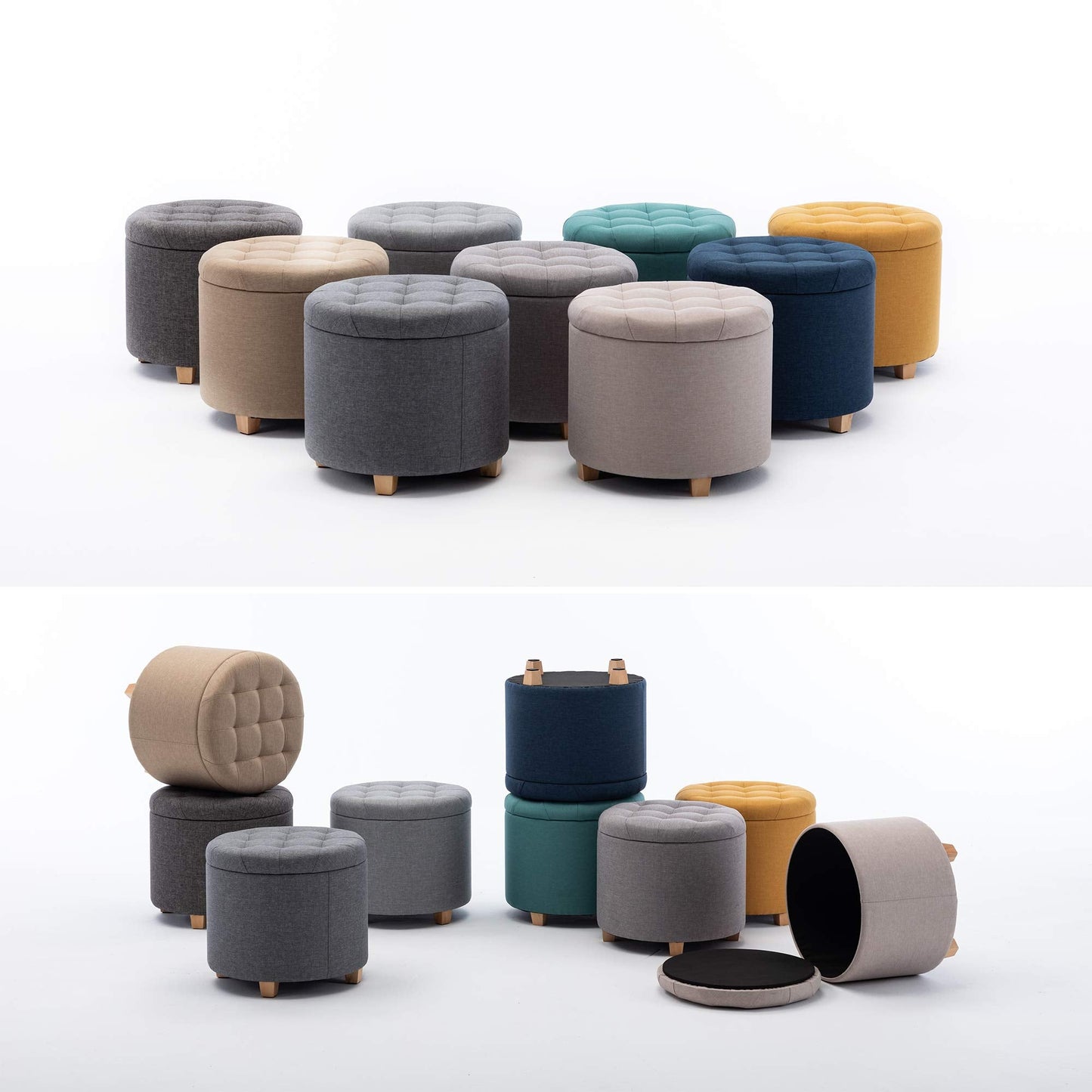 HNNHOME 45cm Round Linen Padded Seat Ottoman Storage Stool Box, Footstool Pouffes Chair with Lids (Pearl River)