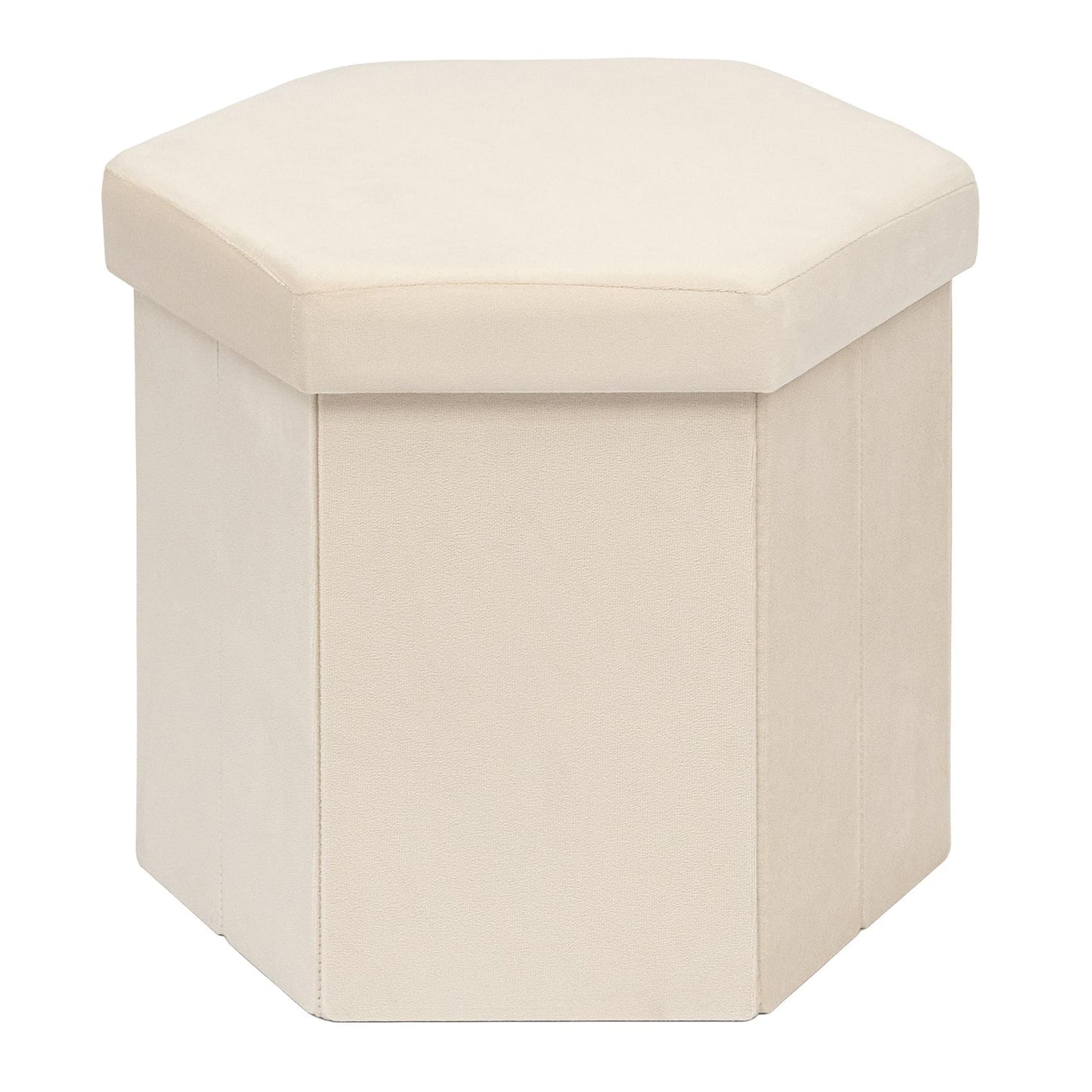 PINPLUS Hexagonal Storage Ottoman, Velvet Foldable Footstool, Cream White