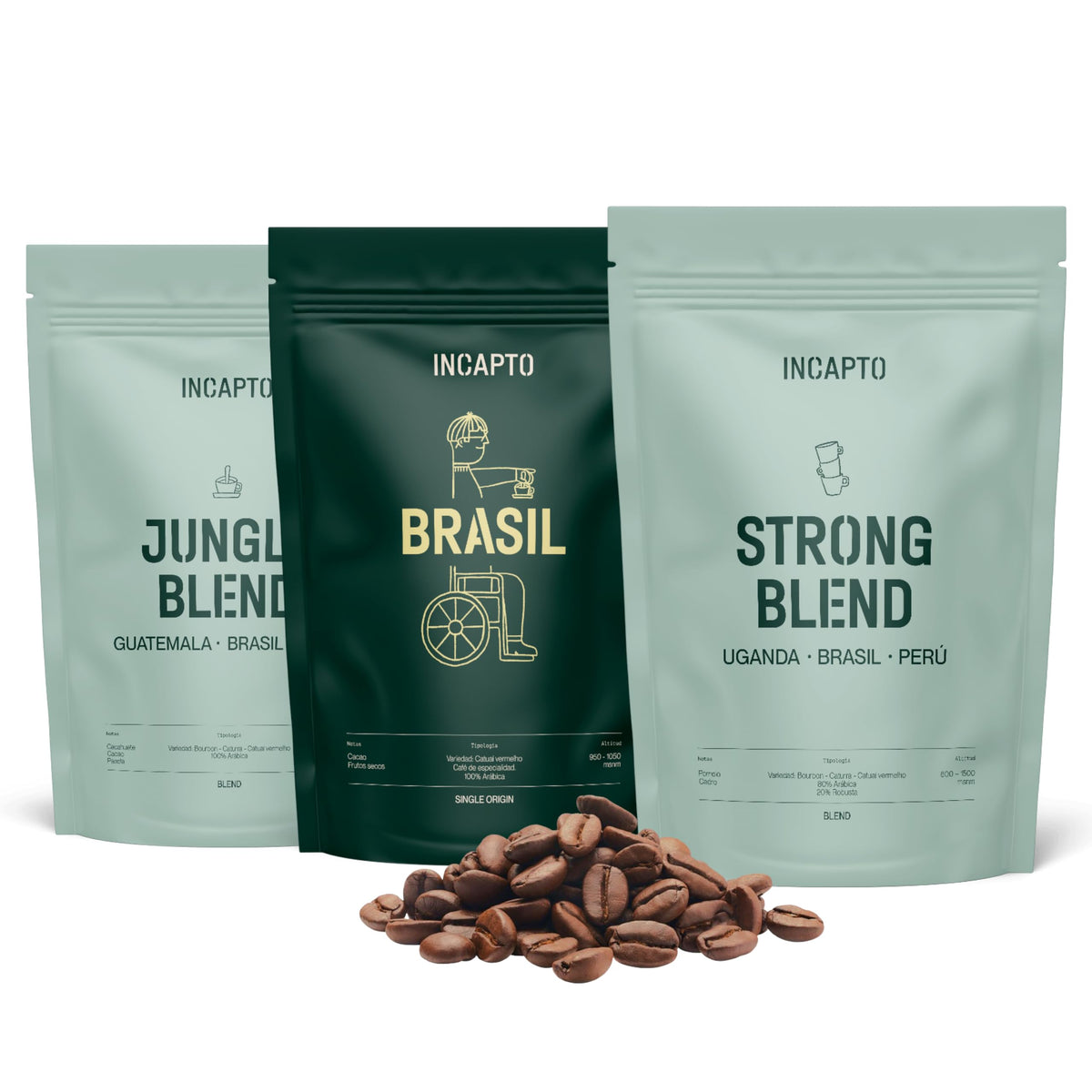 Incapto Pack Introduction to Specialty Coffee Beans | Jungle Blend, Brazilian Coffee, and Strong Blend | High Roast Level and Intense Aroma | 3 packs