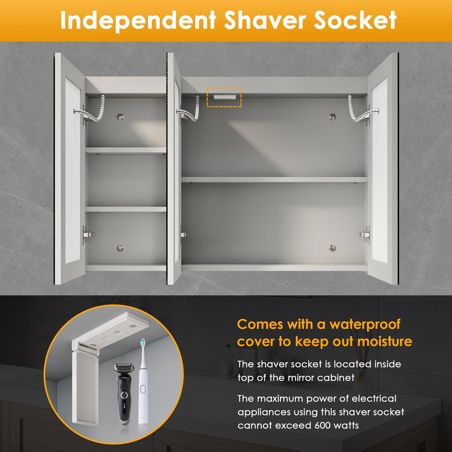 ELEGANT LED Bathroom Mirror Cabinet with Shaver Socket, Grey, 900x600mm