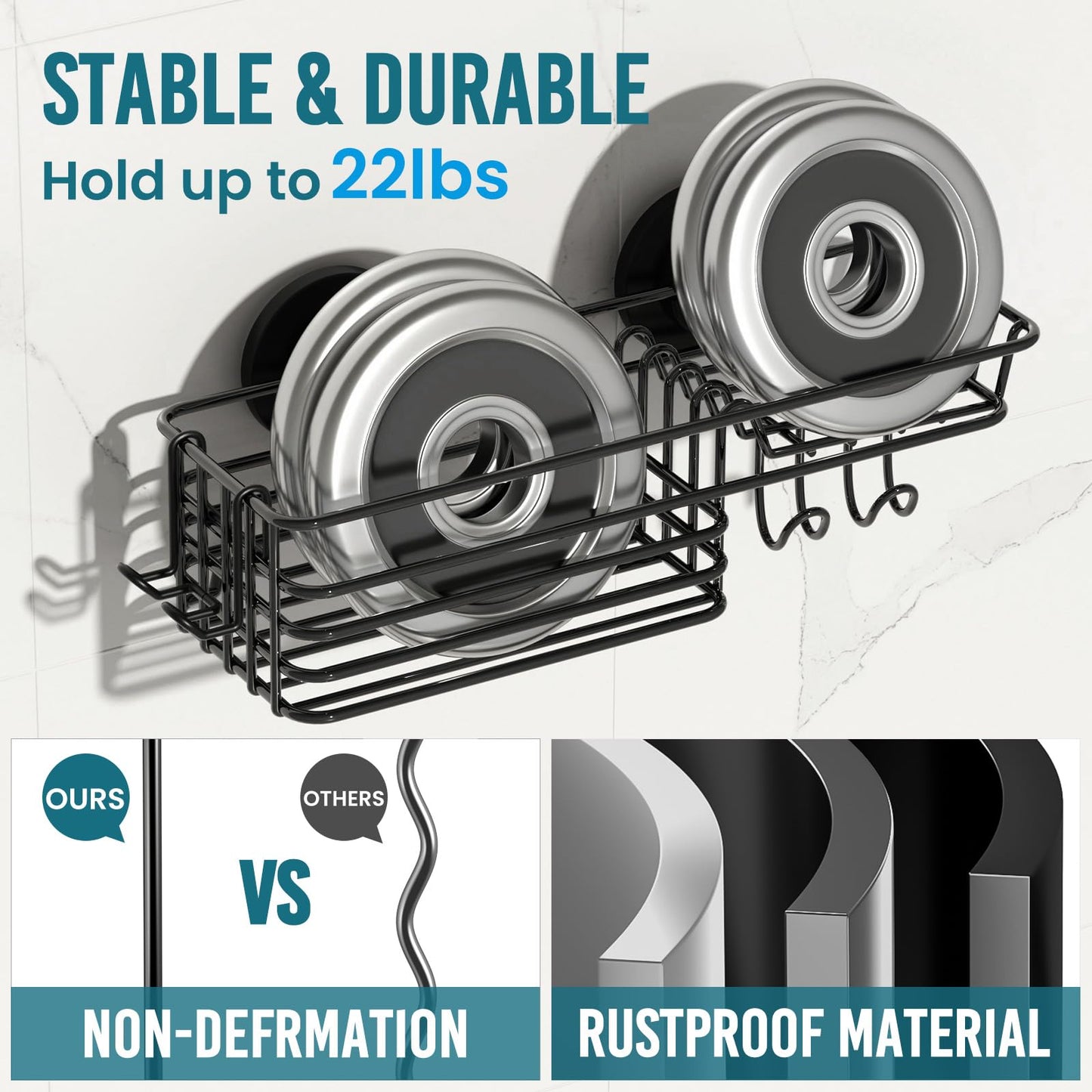 TAILI Suction Shower Caddy Stainless Steel Rustproof Suction Cup, Black