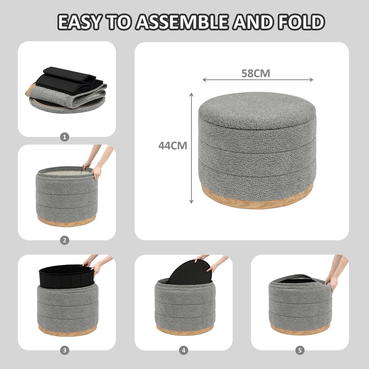 PINPLUS Round Chenille Storage Ottoman, Tray Top, 58x58x44 cm, Grey