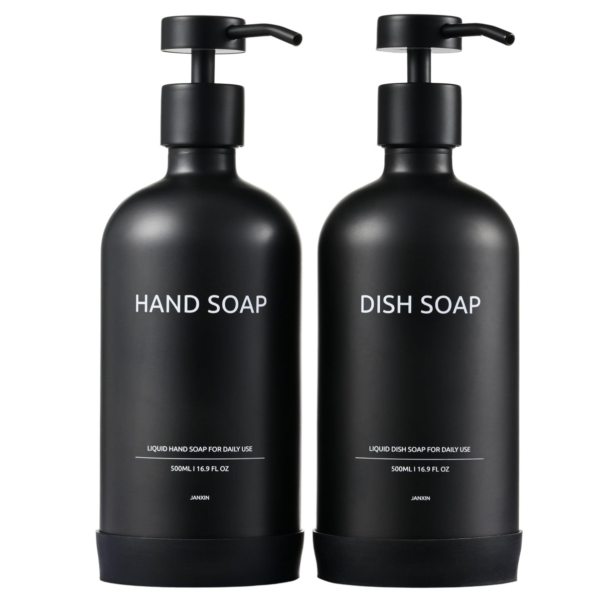 Janxin 2 Refillable Glass Pump Bottles for Kitchen, Soap Dispenser Black, 500 ml Soap Dispenser with Pump Head, with Non-Slip Silicone Protective