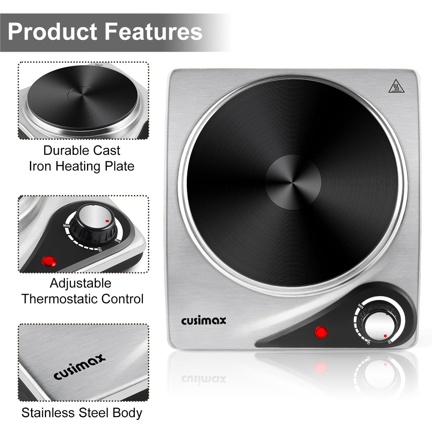 CUSIMAX Hot Plate for Electric Cooking Portable Single Hob, Cooktop Table Top Hob with Cast Iron Hob Rings Electric Burner with Temperature Control,