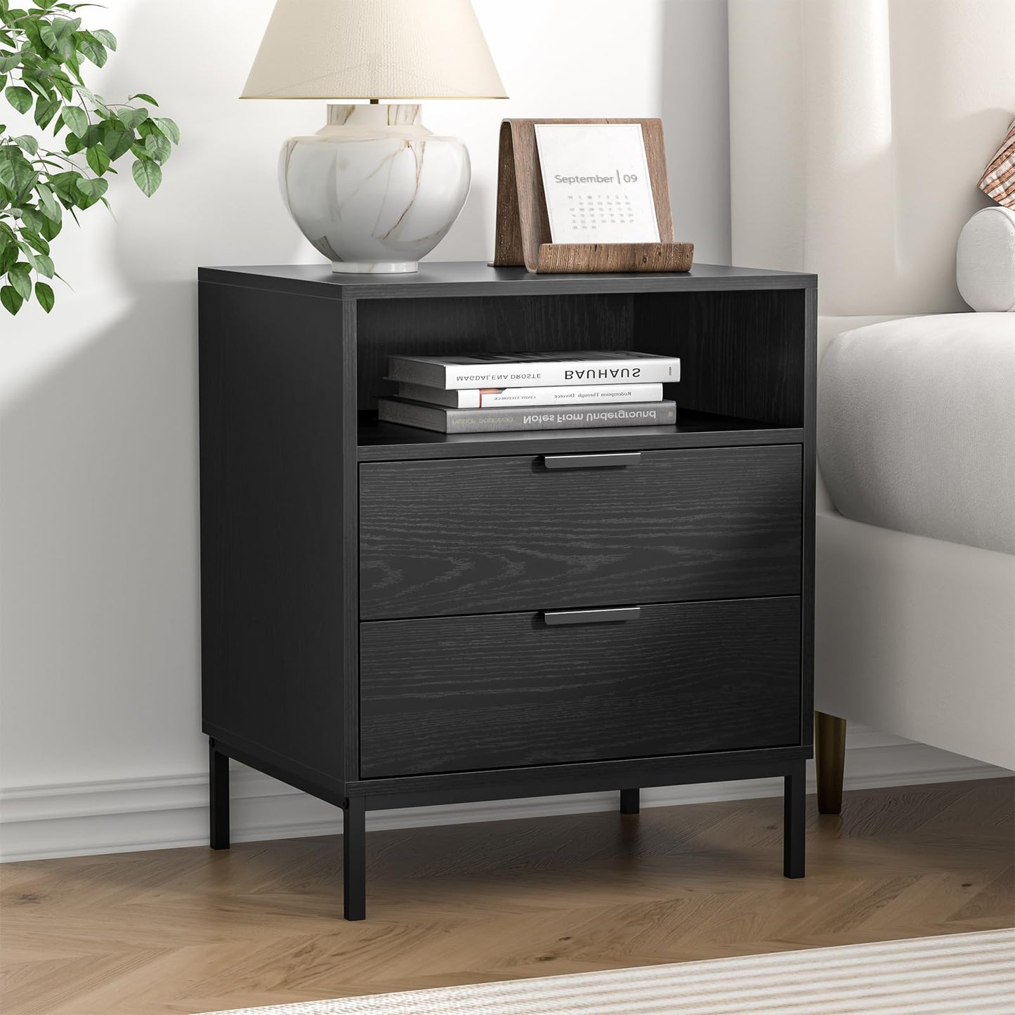 Skokliz Bedside Table with 2 Drawers and Open Shelf - Black Wood Nightstand for Bedroom 50x40x60 cm, Modern Side Table for Living Room & Small Spaces