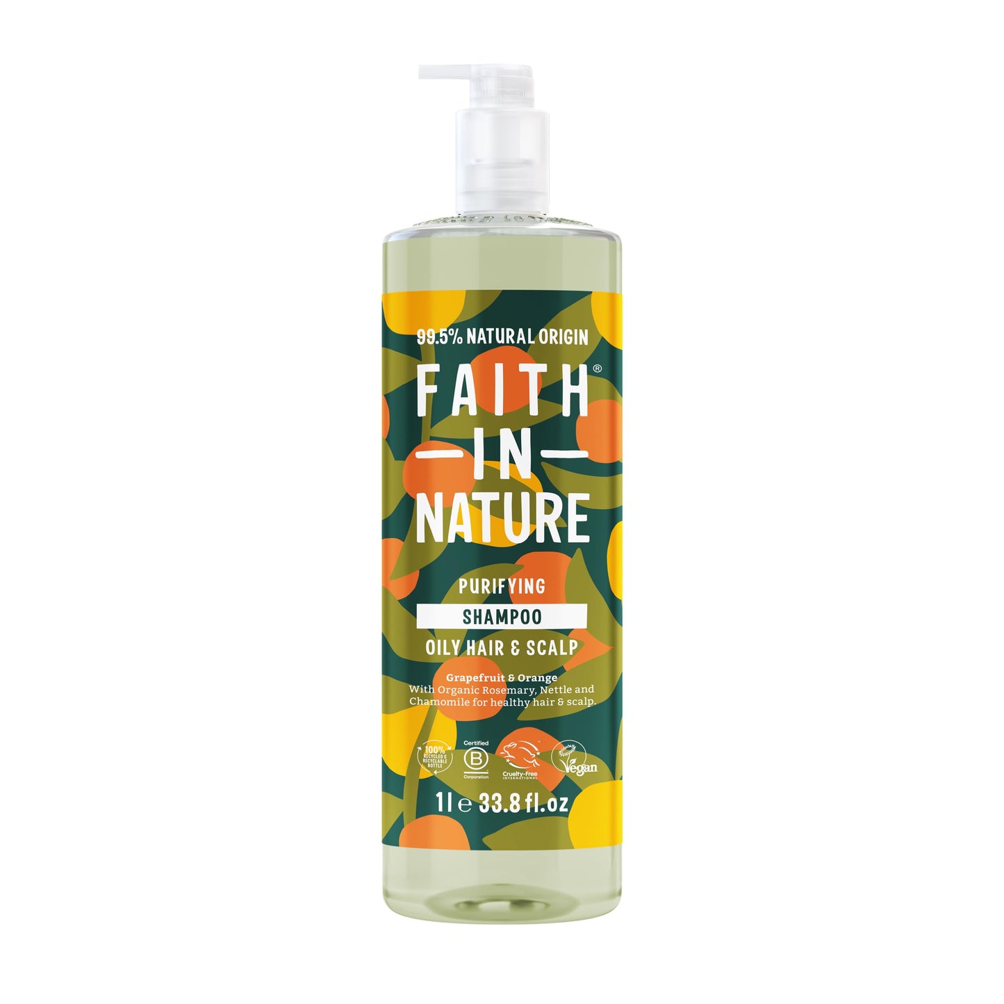 Faith In Nature 1L Natural Grapefruit & Orange Shampoo, Purifying For Oily Hair & Scalp, Vegan & Cruelty Free, No SLS, Silicones or Parabens, Family