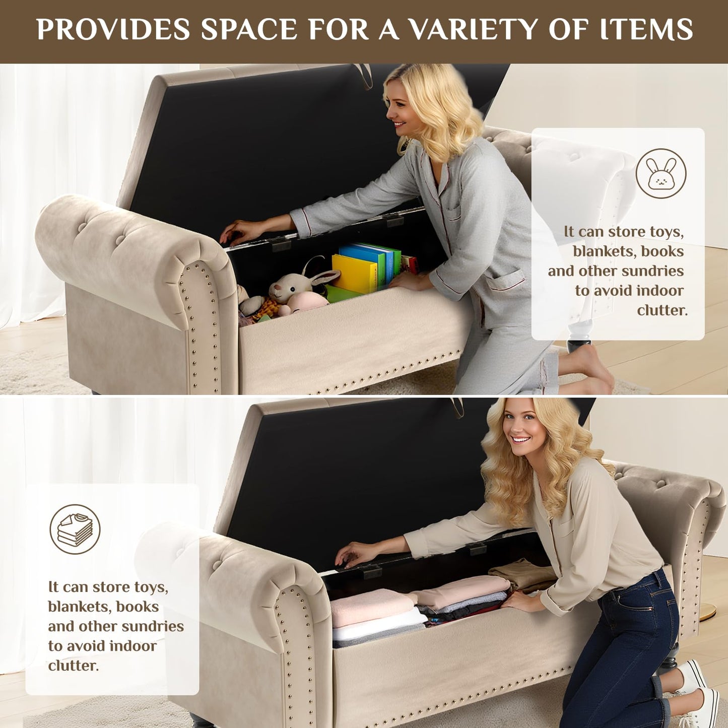 Clevich 133cm Velvet Storage Ottoman Bench, 168KG Load Capacity, Brown