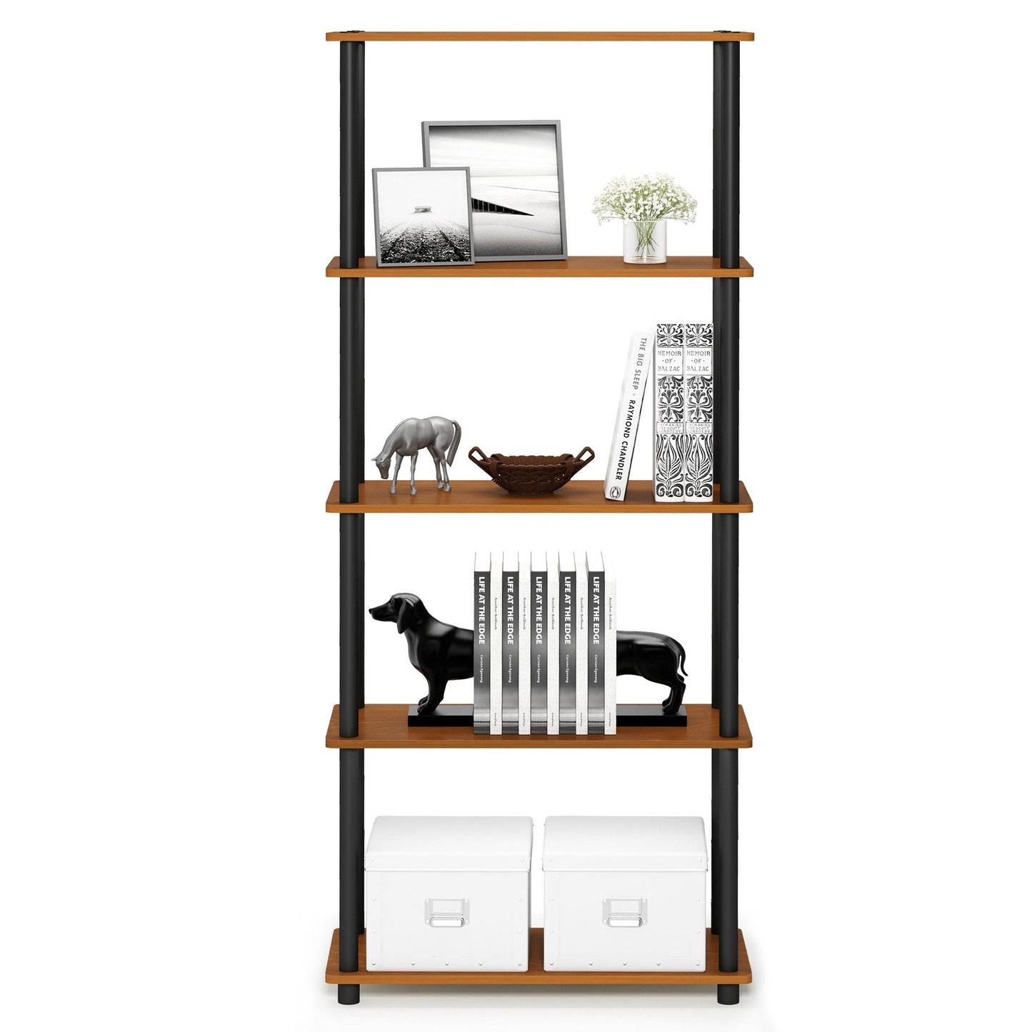Furinno TURN-N-TUBE Toolless Assembly 5-Tier Storage Shelves, Oak Book Shelf, Open Storage Bookshelf, for Organization and Storage, Living Room