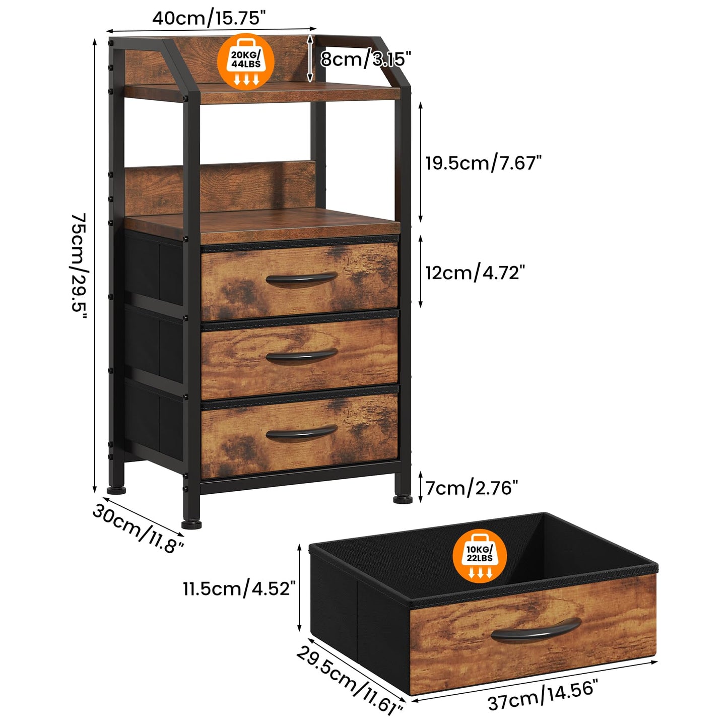 Feonase Bedside Table with 3 Fabric Drawers & Open Shelf, Nightstand for Bedroom, Living Room, Small Spaces – Metal Frame & Wooden Top