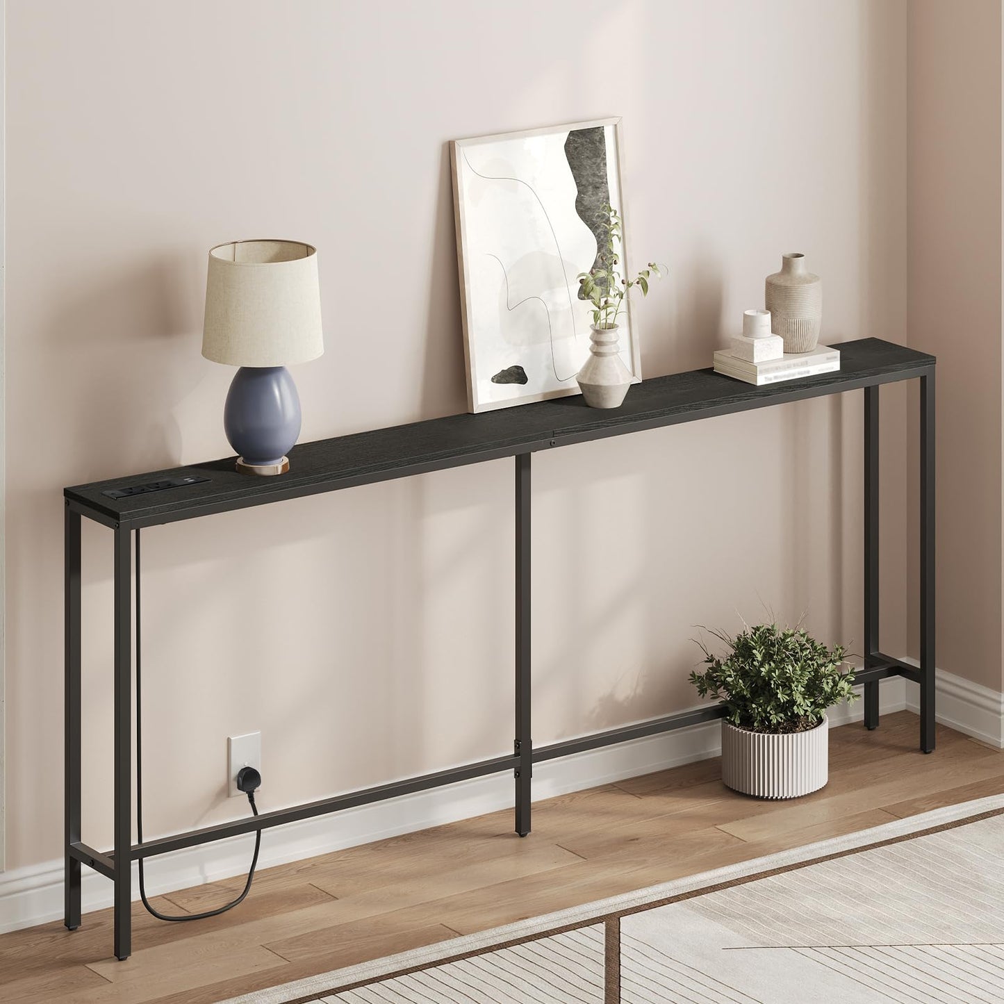 MAHANCRIS Console Table with Power Outlet, 200 CM Narrow Sofa Table, Industrial Entryway with USB Ports, Behind Couch Table for Entryway, Hallway,