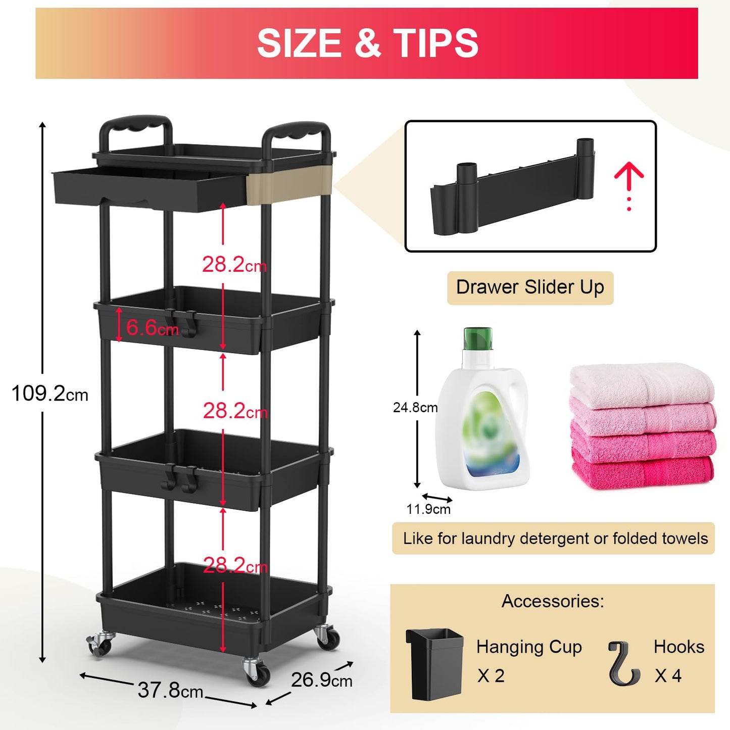 Yeabett 4 Tier Storage Trolley with Drawer, Utility Cart with Plastic Shelf & Lockable Wheels Multifunctional Storage Cart for Kitchen, Bathroom