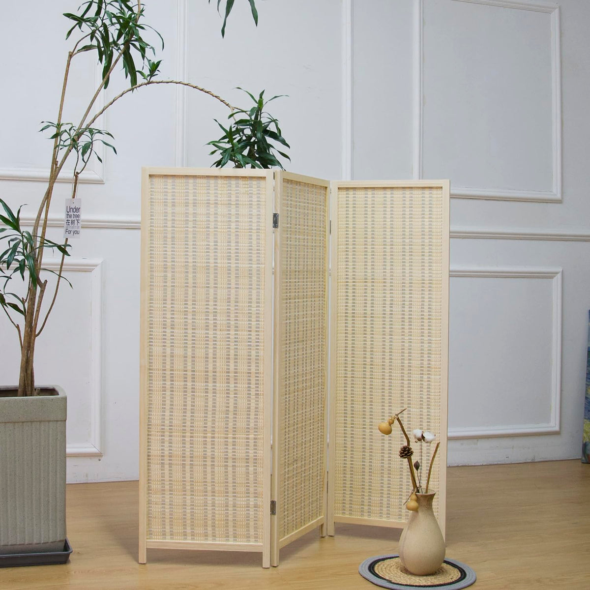 Furnnylane 3 Panel Bamboo Room Divider Short Folding Screen Divider,Double Sided Bamboo Divider Screen for Room Separation,Beige,120 cm H x 117 cm W