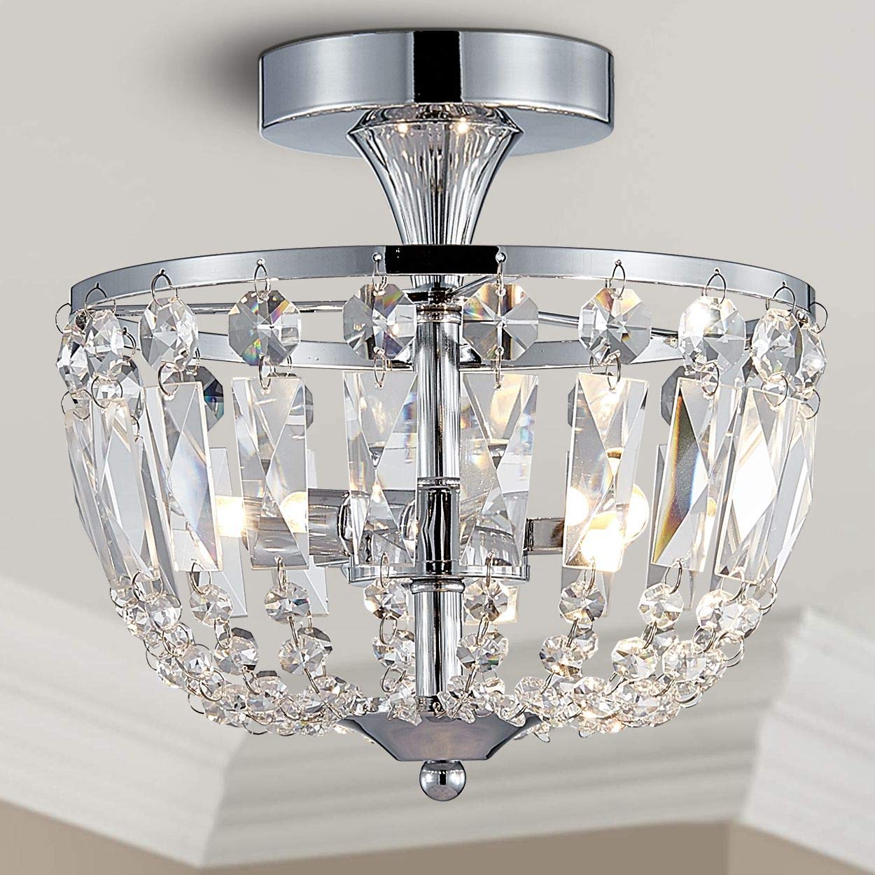 BESTIER Modern Chrome Crystal Semi Flushmount Chandelier Lighting LED Ceiling Light Fixture Lamp for Dining Room Bathroom Bedroom Livingroom 3 G9