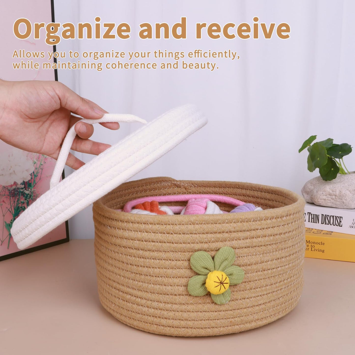 A Set of Three Large Covered Storage Baskets, Handmade Woven Fresh Style Desktop Decoration, Organizing Household Miscellaneous Items