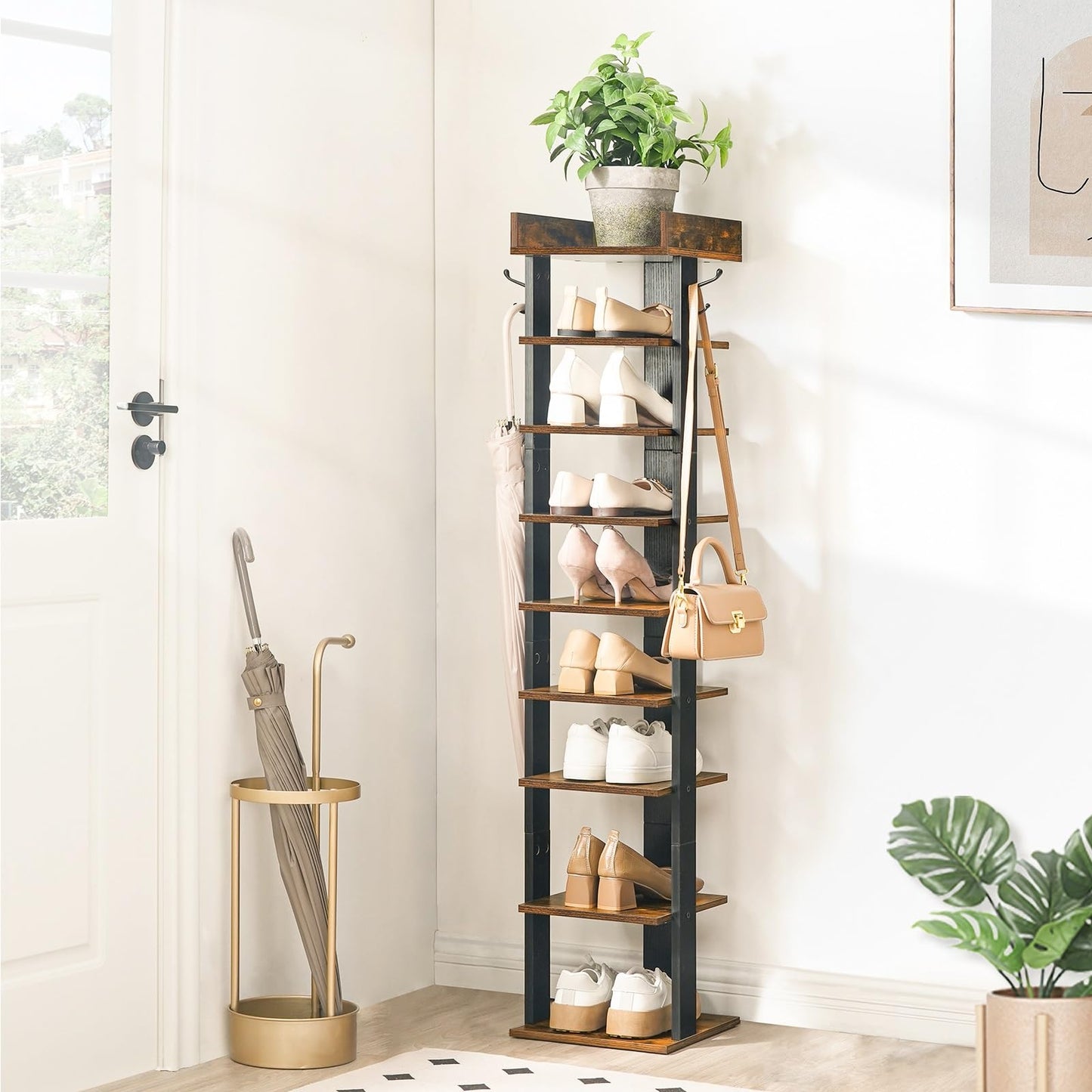HOOBRO Narrow Shoe Rack, 9-Tier Tall Shoe Rack, Wooden Shoe Storage Organizer with 2 Hooks, Slim Shelf, Vertical Shoe Tower for Entrance, Industrial