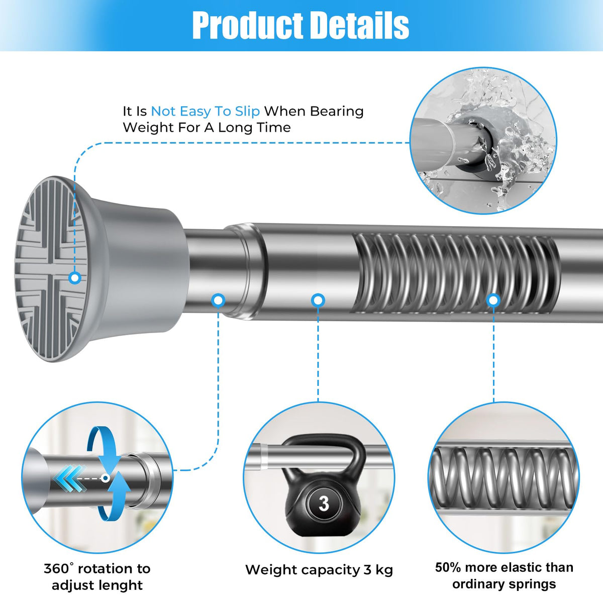 Zipglo Shower Curtain Pole 80-195cm, Extendable Curtain Poles Adjustable Tension Rods for Curtains Telescopic Curtain Poles No Drilling Shower