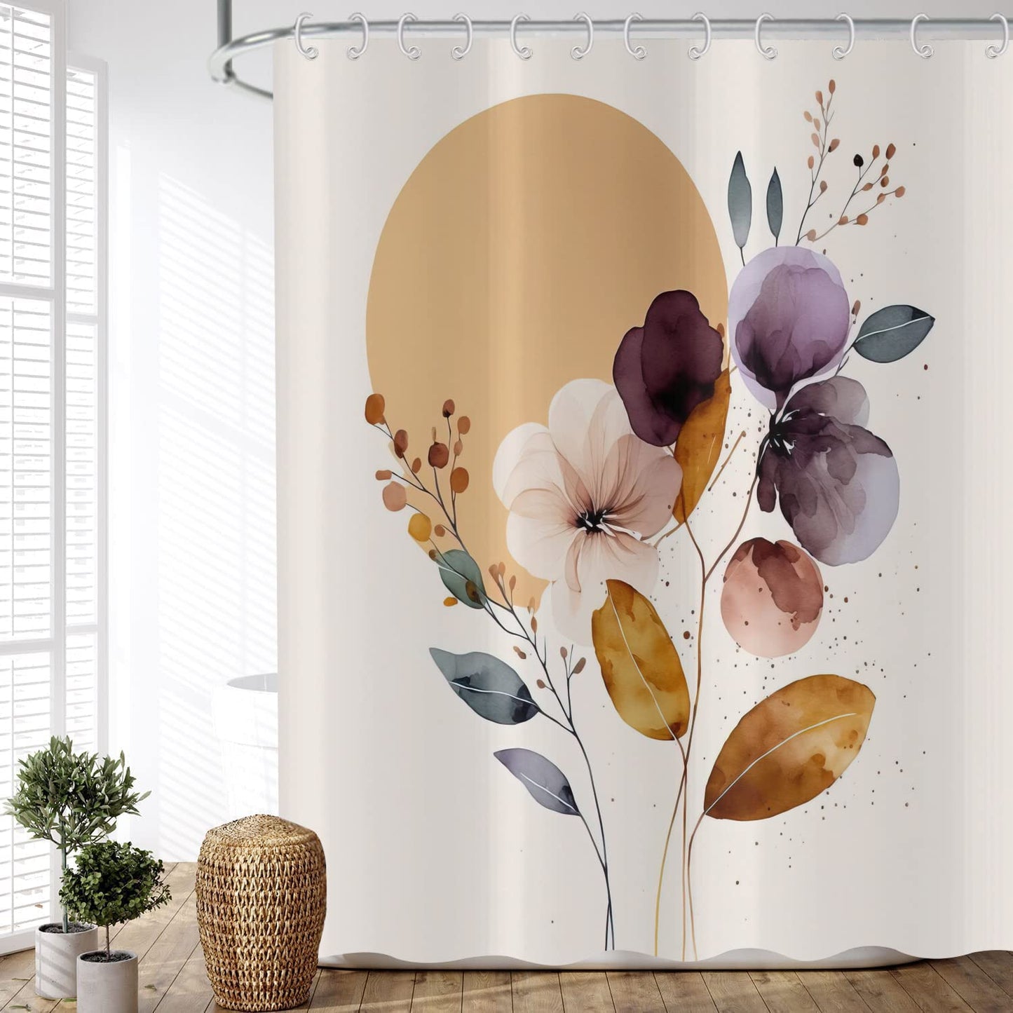 ASDCXZ Shower Curtain Boho Style 180x200 cm, Modern Abstract Art Hand Painted Rose Purple Flower Leaves Sun Beige Washable Shower Curtains Textile