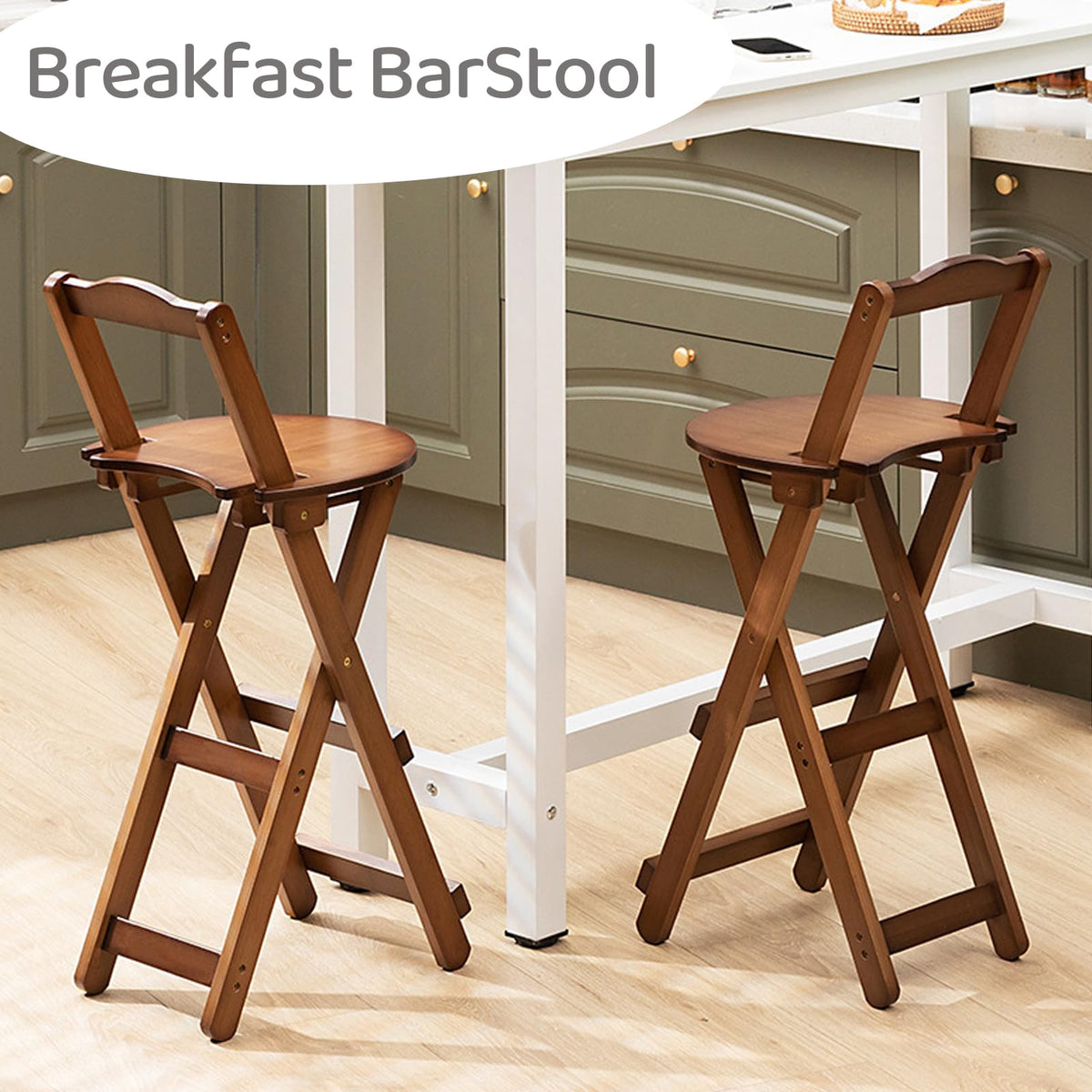 Gelory Foldable Bar Stool Bamboo Counter Height Chairs No Assembly, Brown