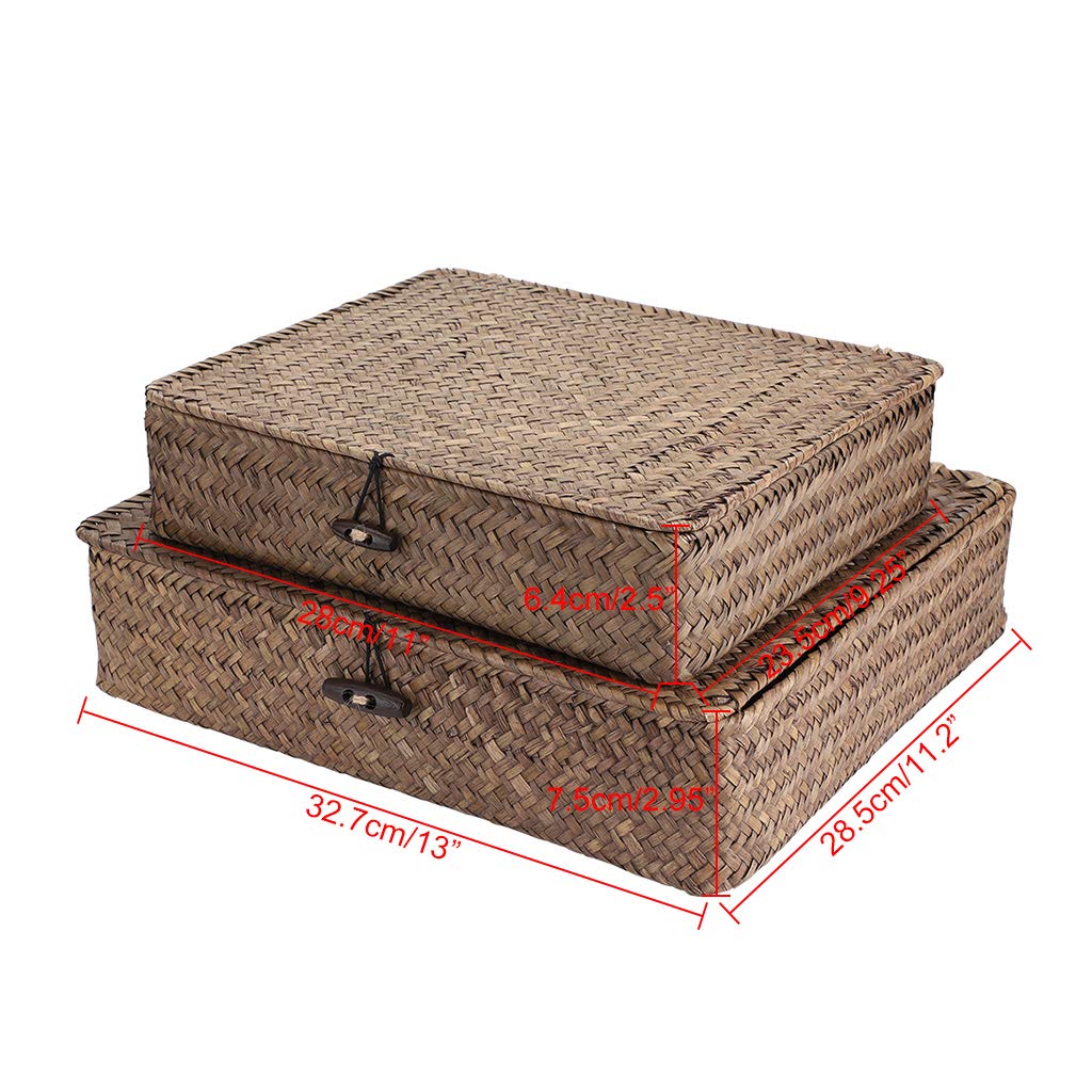 Sumnacon Set of 2 Seagrass Storage Basket Handmade Weave Hamper Wicker Box Chest with Lid & Lock (Coffee)