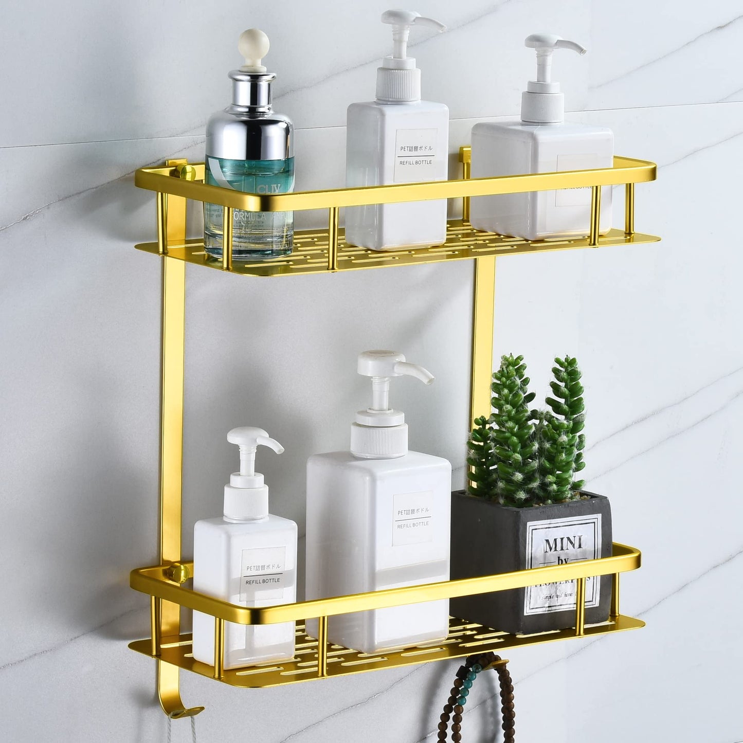 Shower Caddy No Drilling, Wall Mounted Bathroom Shelves Metal Shelves for Bathroom Storage Shower Shelf Organiser with Hooks, Adhesive Shower Basket
