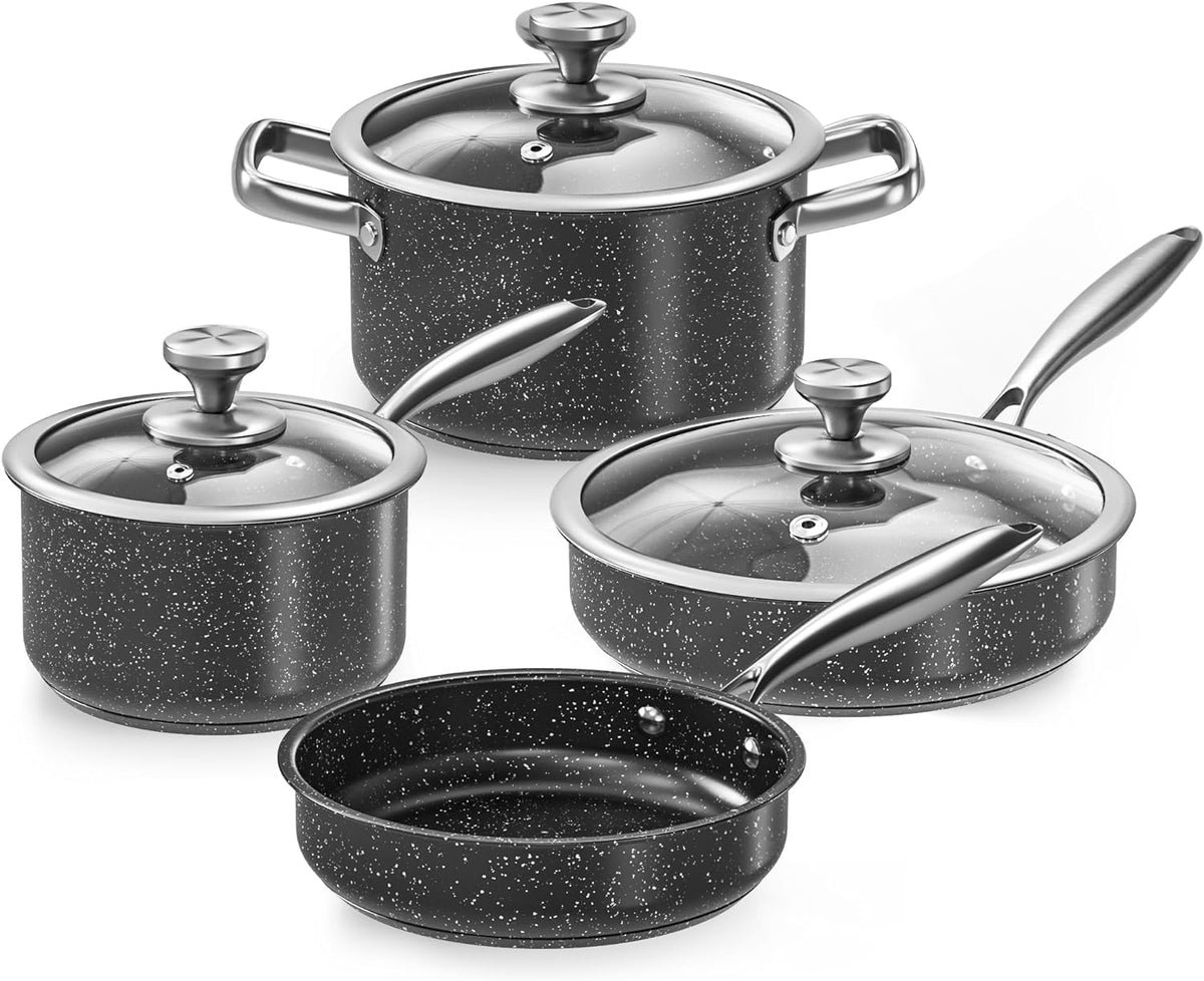 Stainless Steel Pots and Pans Set, 7-Piece Induction Hob Pan Set with Stay Cool Handles, Nonstick Saucepan Set Cooking Pans Set with Glass Lids, Black