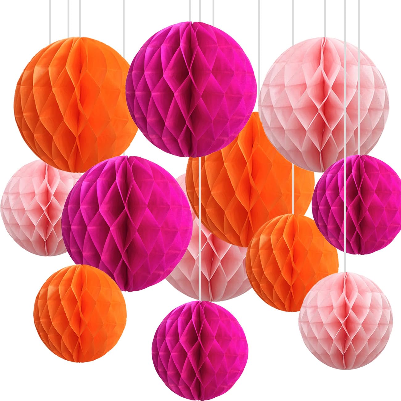 12pcs Orange and Pink Paper Honeycomb Balls,6" & 10" Hanging Tissue Pom poms for Birthday Party Decoration(Hot Pink,Pink,Orange)
