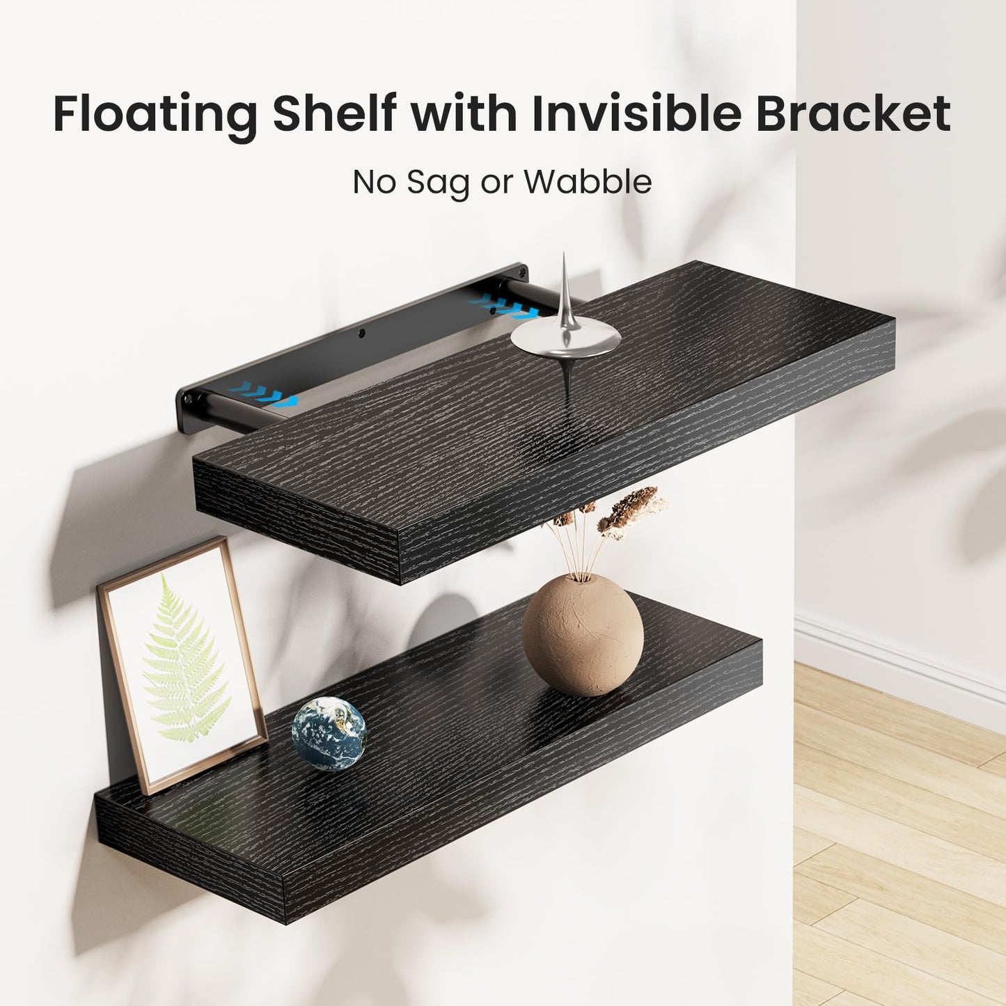 STOREMIC Floating Shelves, Black Shelves Set of 3, Easy to Install Decorative Shelves for Wall with Length 40cm, Sturdy Black Floating Shelves for