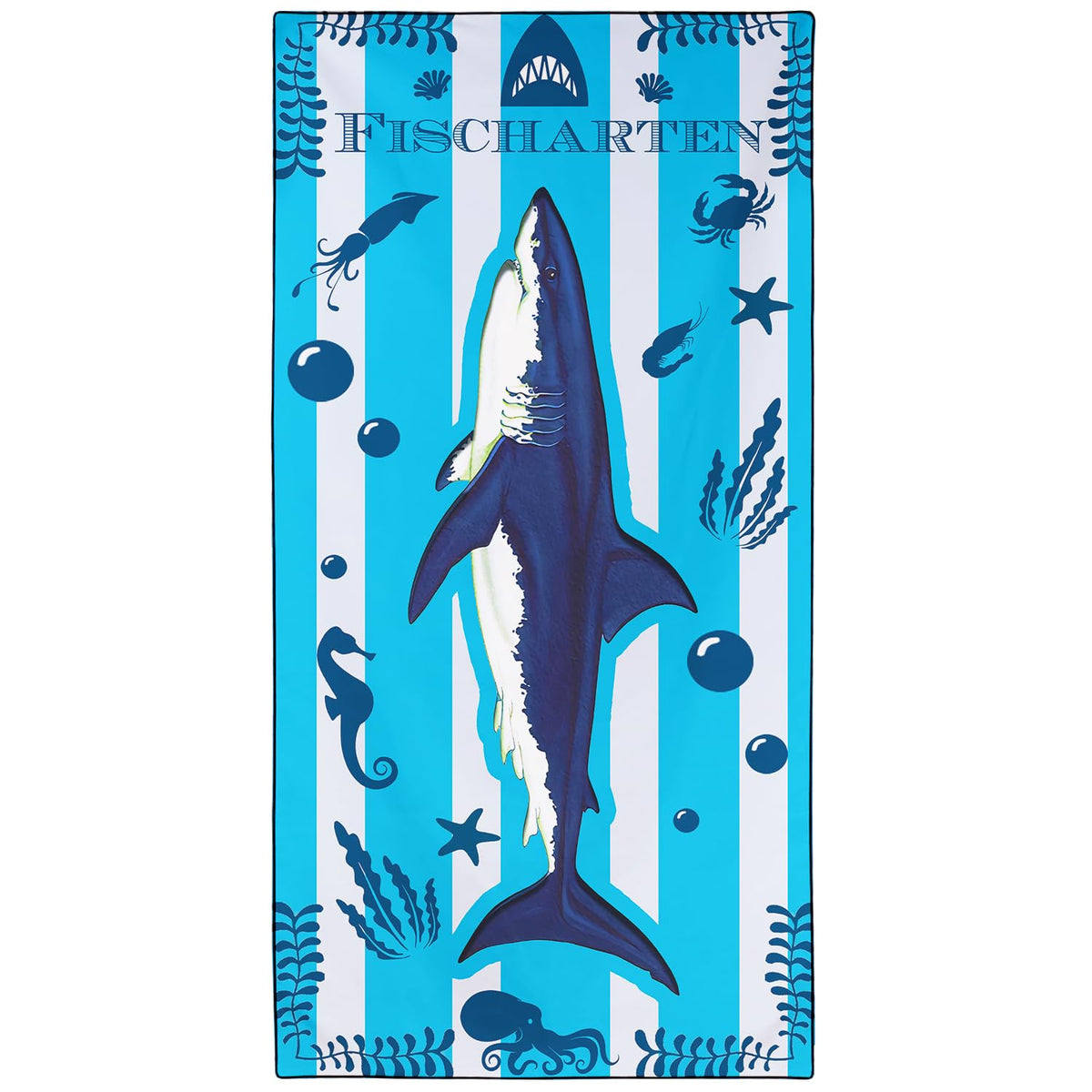 Violetpos Blue Stripe Great White Shark Beach Towel, Extra Large 180x90 cm 250GSM Microfibre, Sand Free Quick Dry